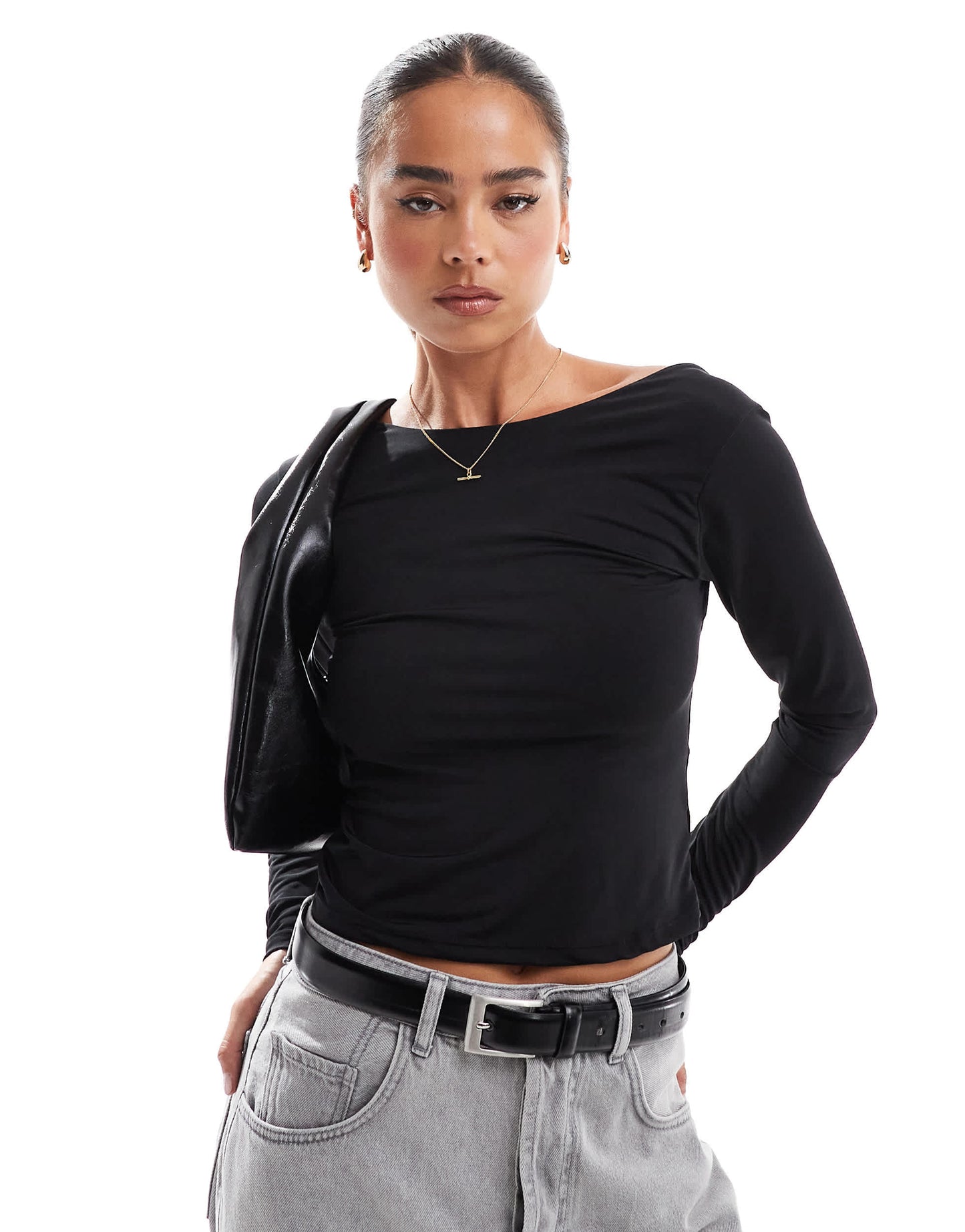 Stradivarius slash neck open back long sleeve top in black