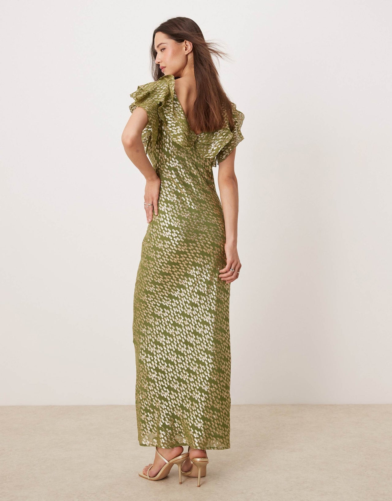 Never Fully Dressed Tilda metallic ruffle maxi dress in olive jacquard