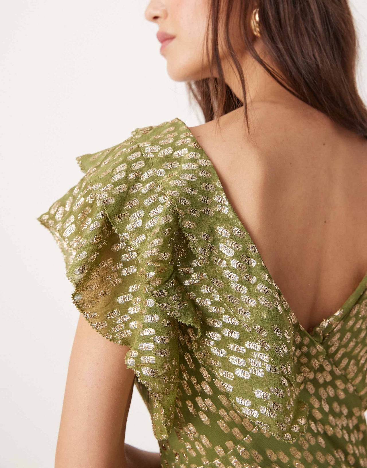 Never Fully Dressed Tilda metallic ruffle maxi dress in olive jacquard