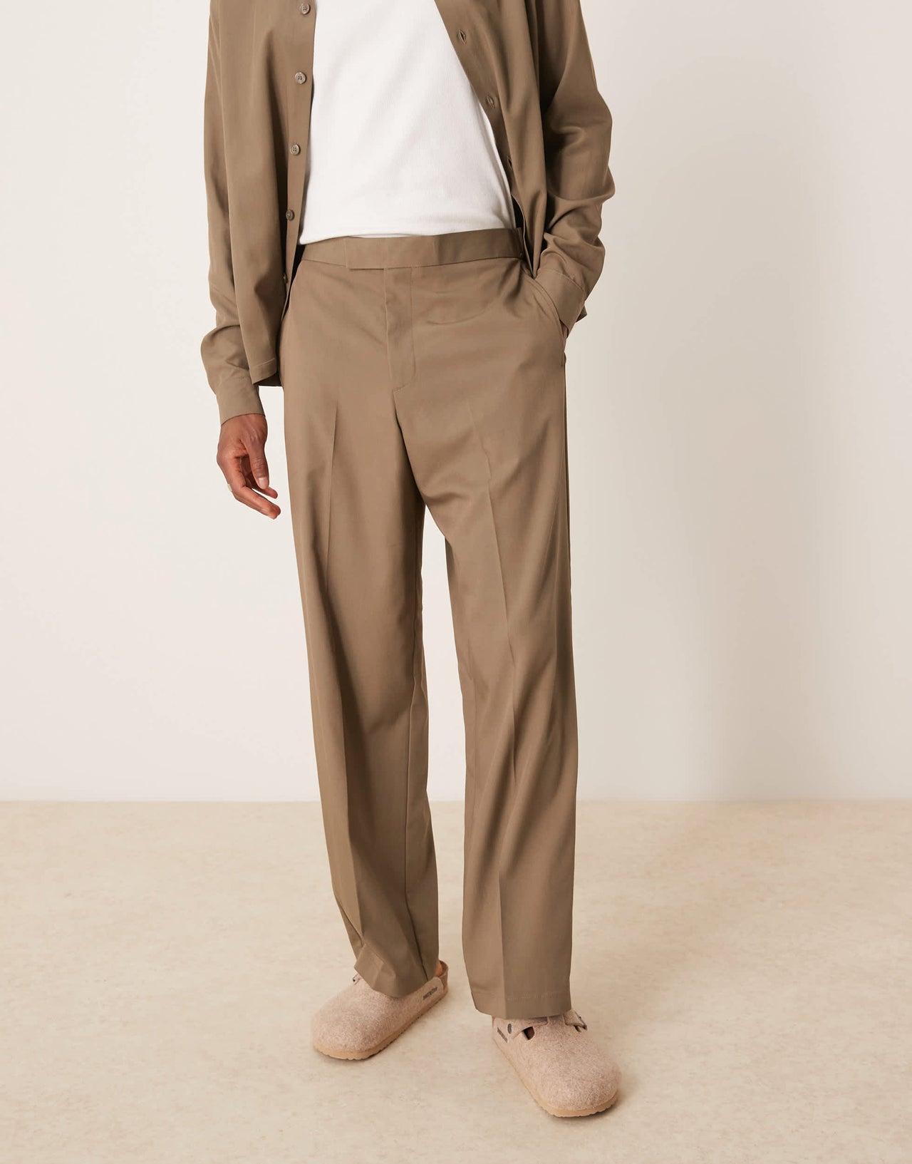 ASOS DESIGN smart co-ord wide leg trousers in khaki peach feel texture with elasticated waist
