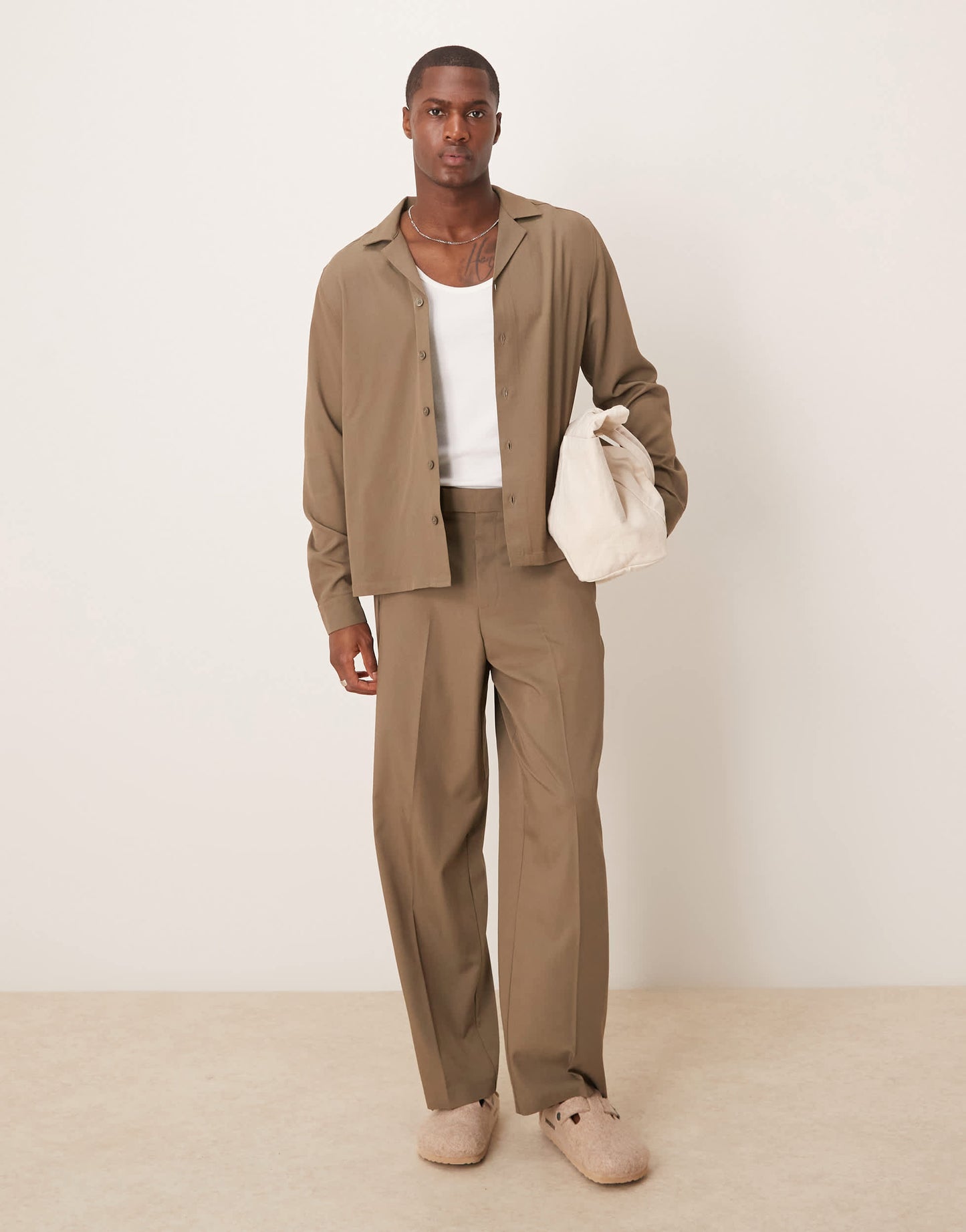 ASOS DESIGN smart co-ord wide leg trousers in khaki peach feel texture with elasticated waist