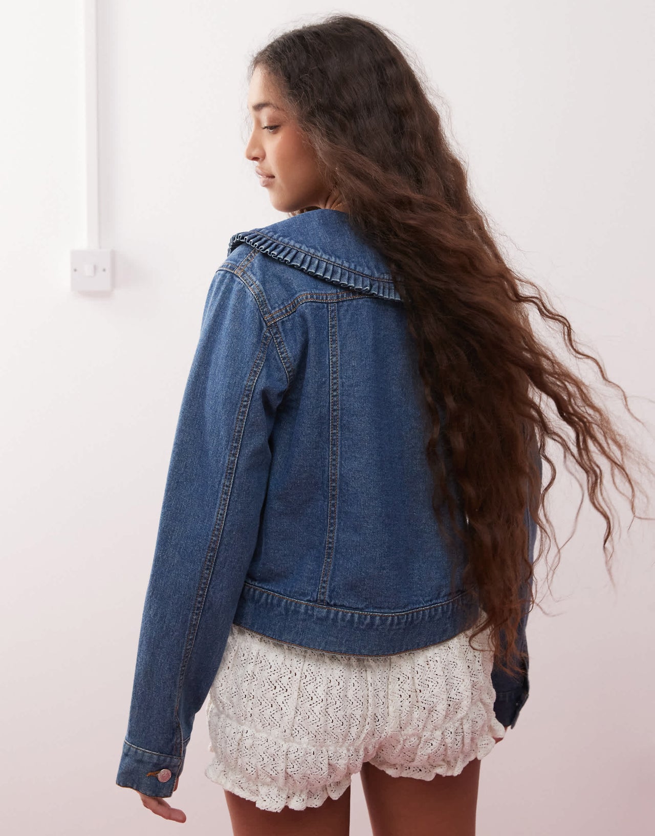 Miss Selfridge tie front frill denim collar jacket in mid blue wash