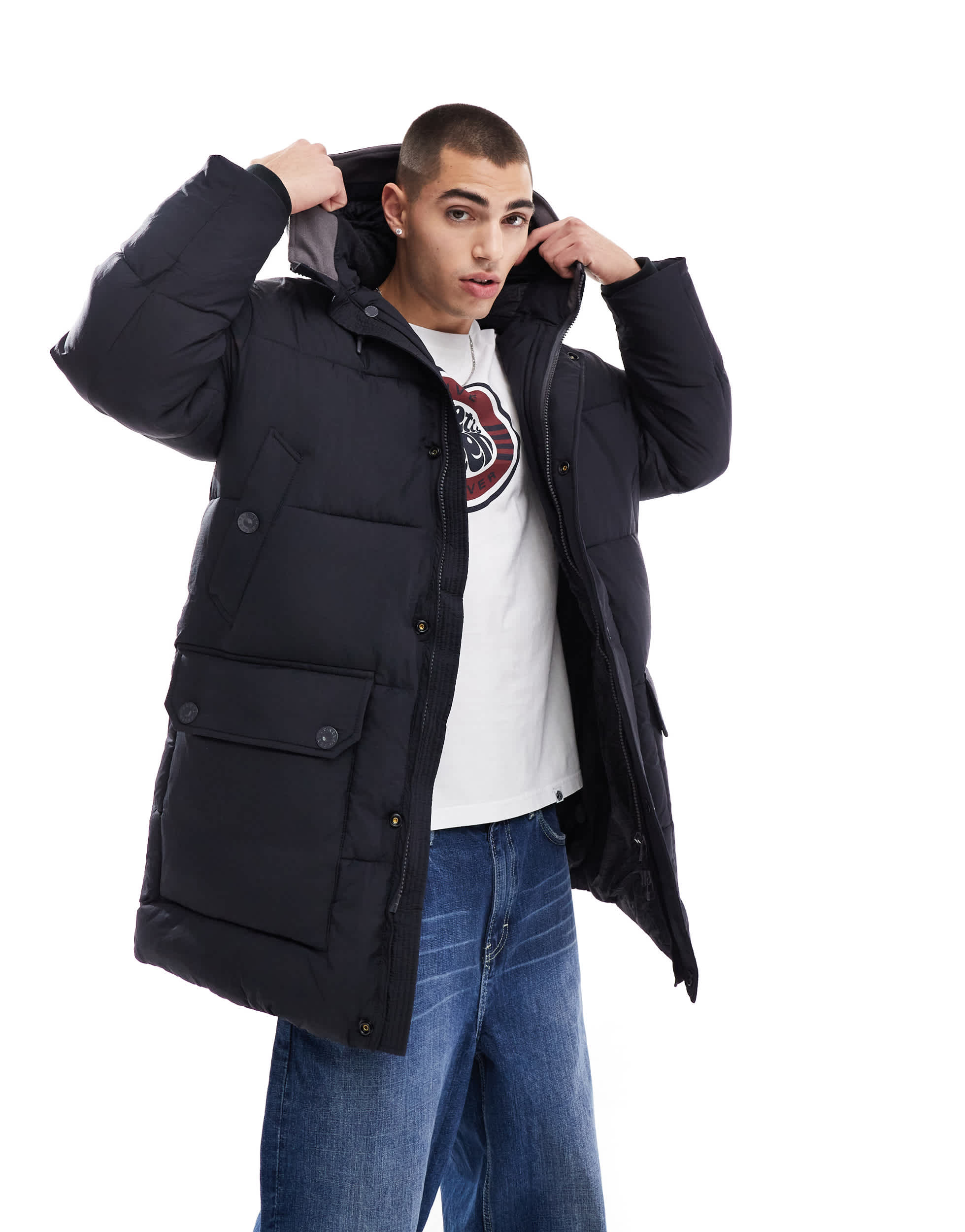 Pretty Green mountfield quilted parka jacket in black
