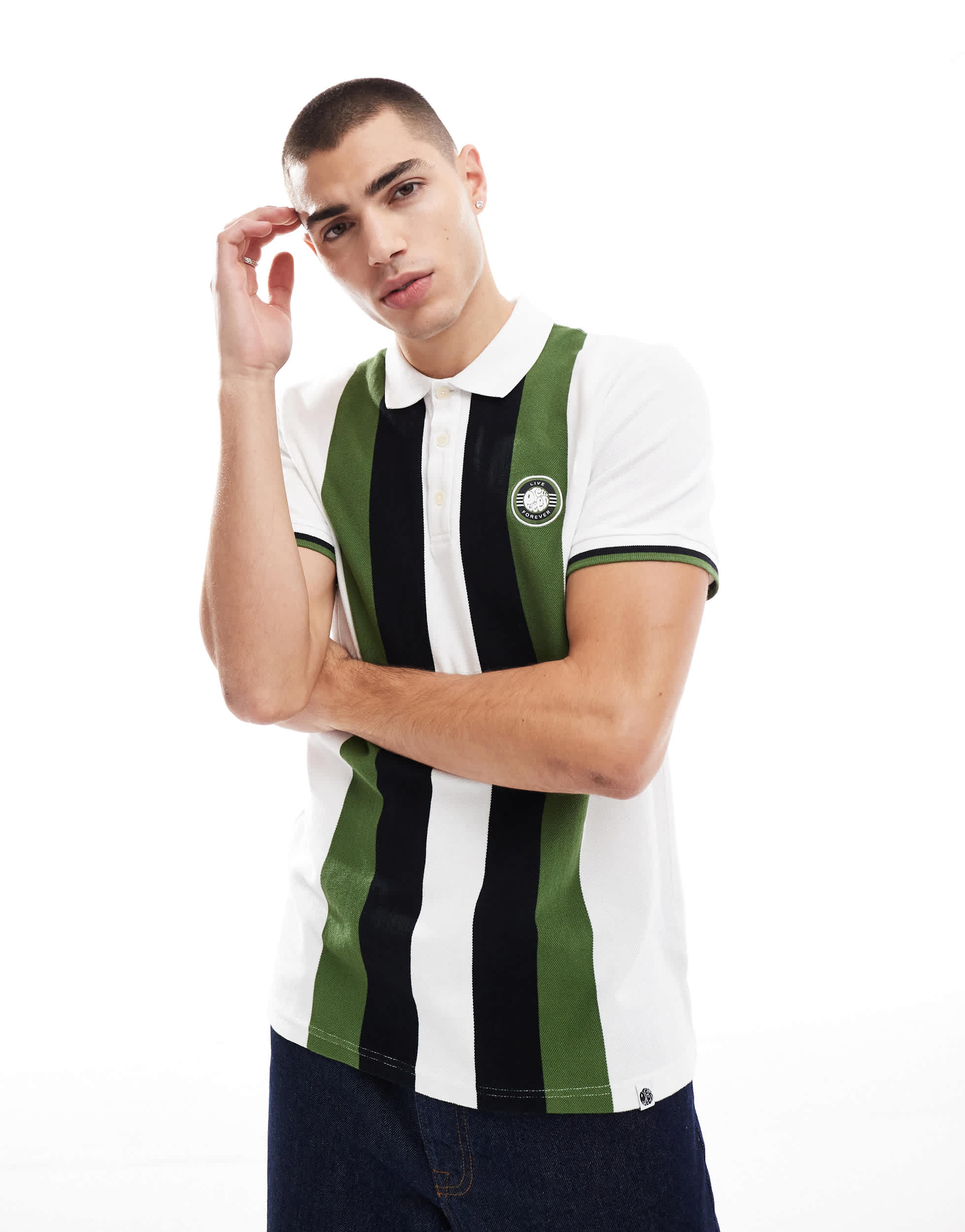 Pretty Green live forever engineered striped polo in white