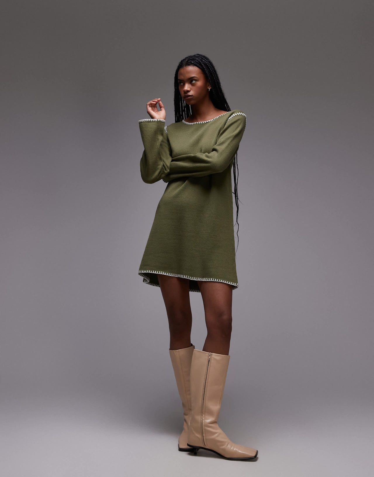 Resume blanket stitch a line mini dress in army green