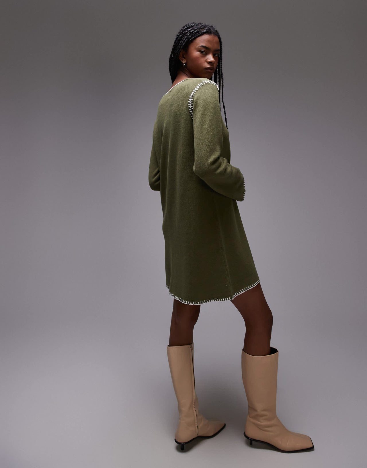 Resume blanket stitch a line mini dress in army green