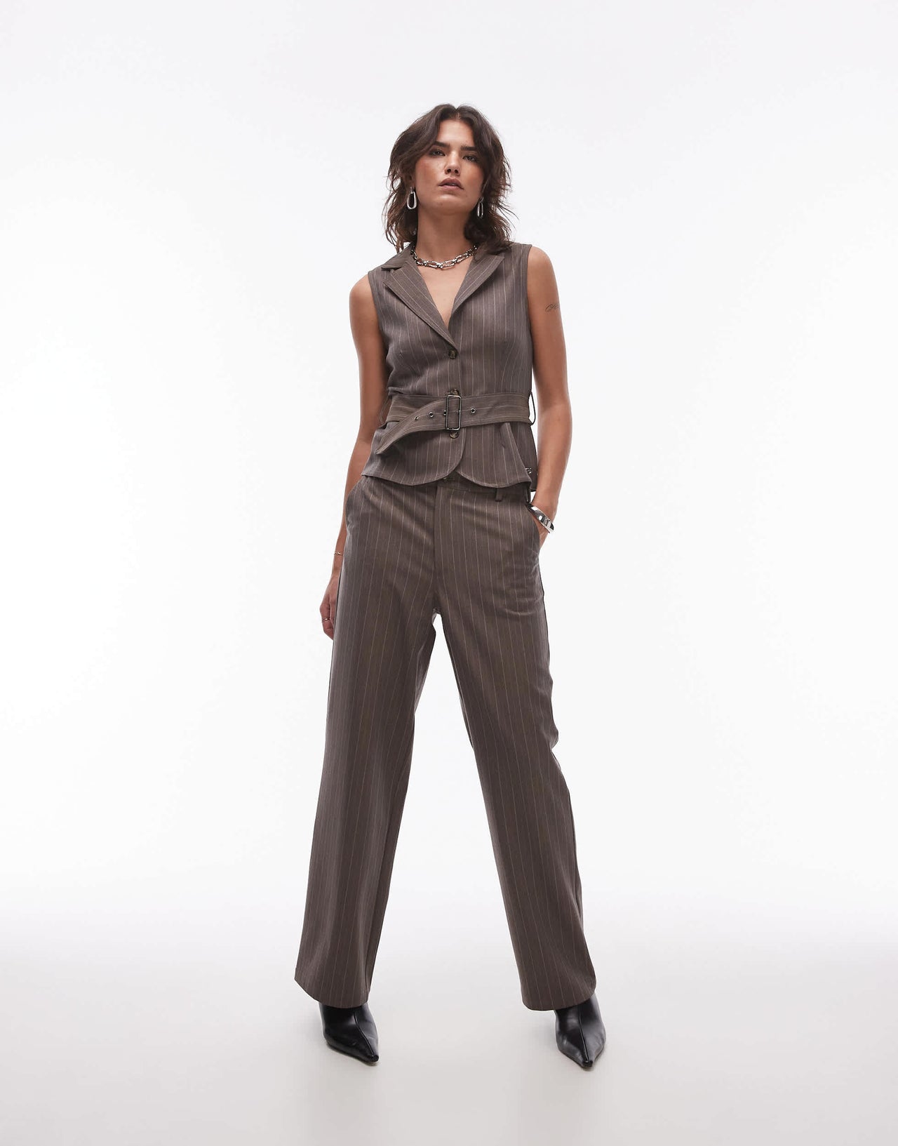 Resume tailored belted waistcoat in brown pinstripe co-ord