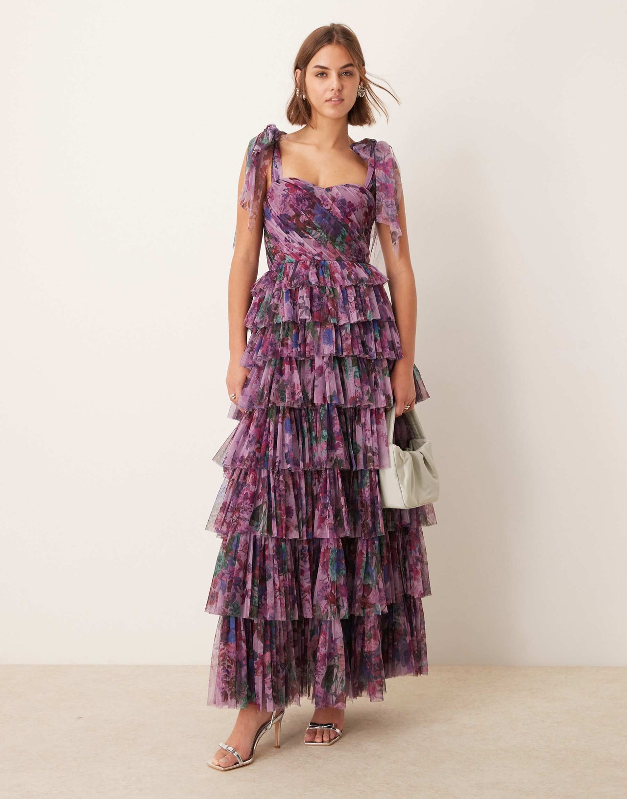 Lace & Beads bow shoulder tiered tulle maxi dress in purple floral
