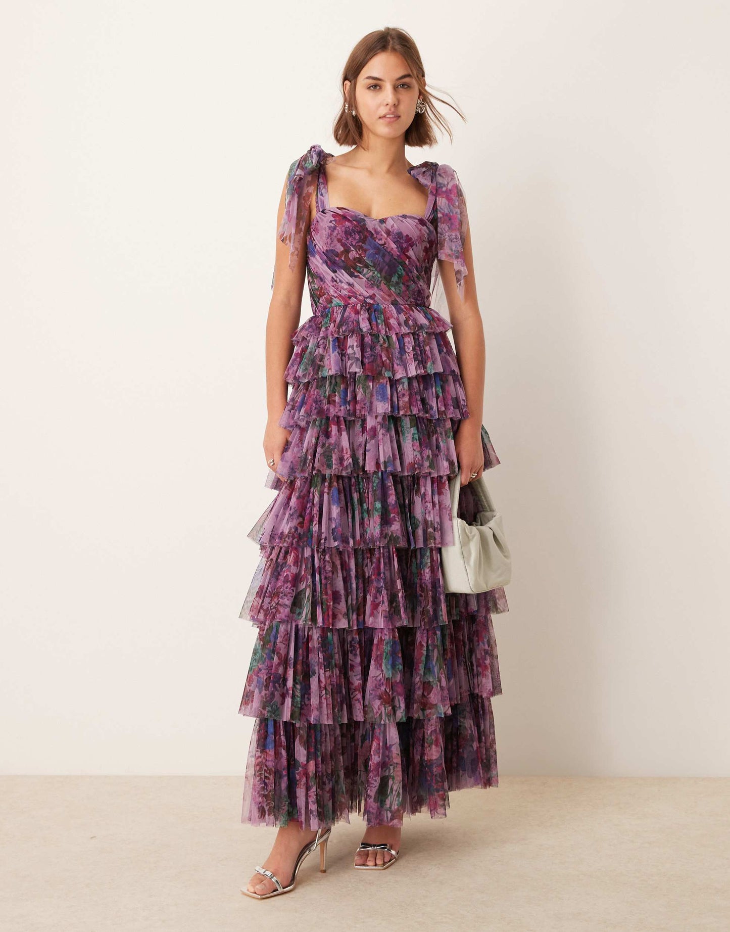 Lace & Beads bow shoulder tiered tulle maxi dress in purple floral