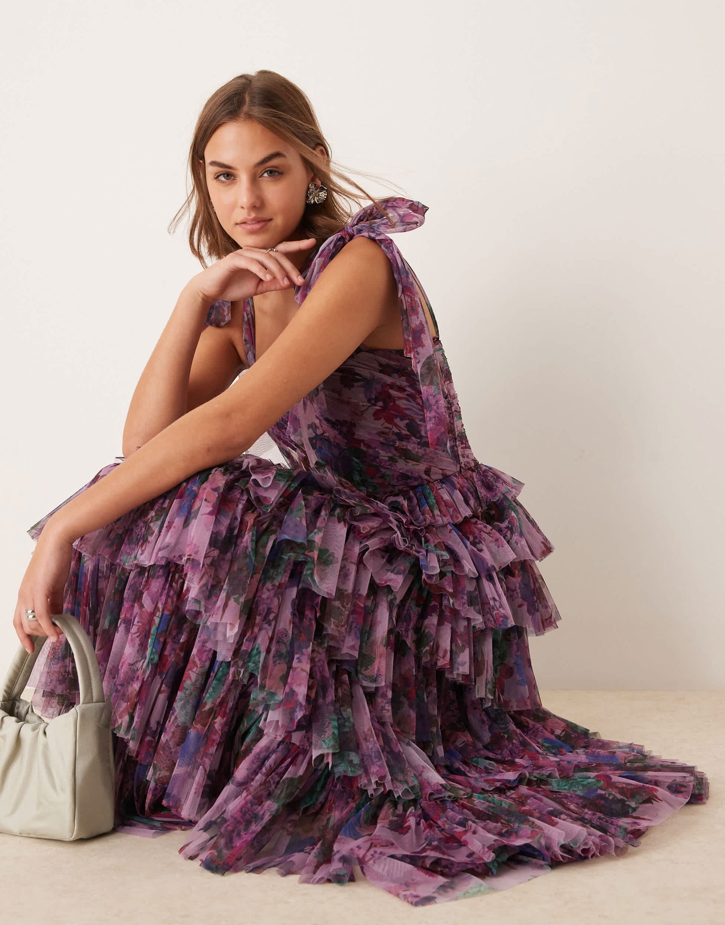 Lace & Beads bow shoulder tiered tulle maxi dress in purple floral