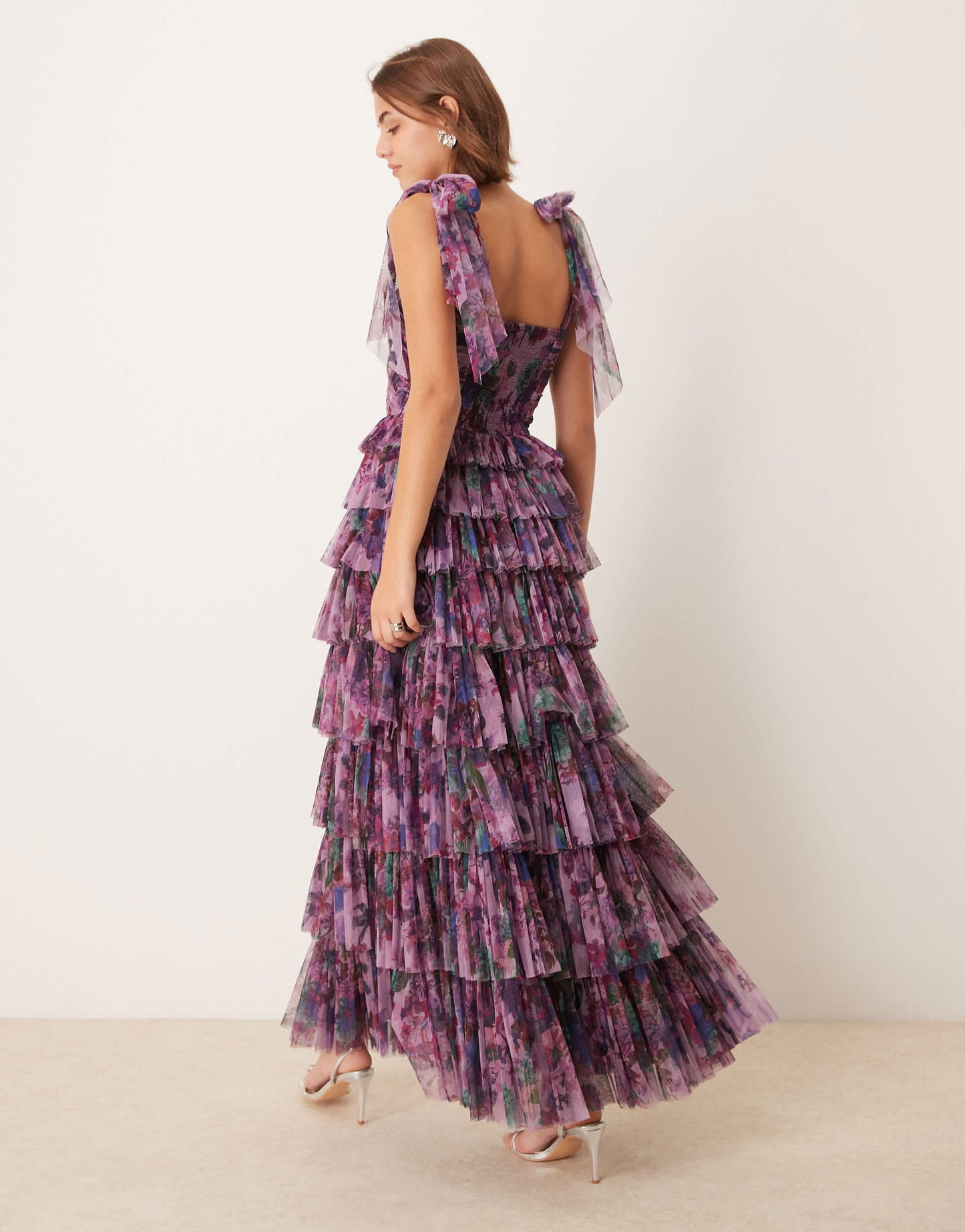 Lace & Beads bow shoulder tiered tulle maxi dress in purple floral