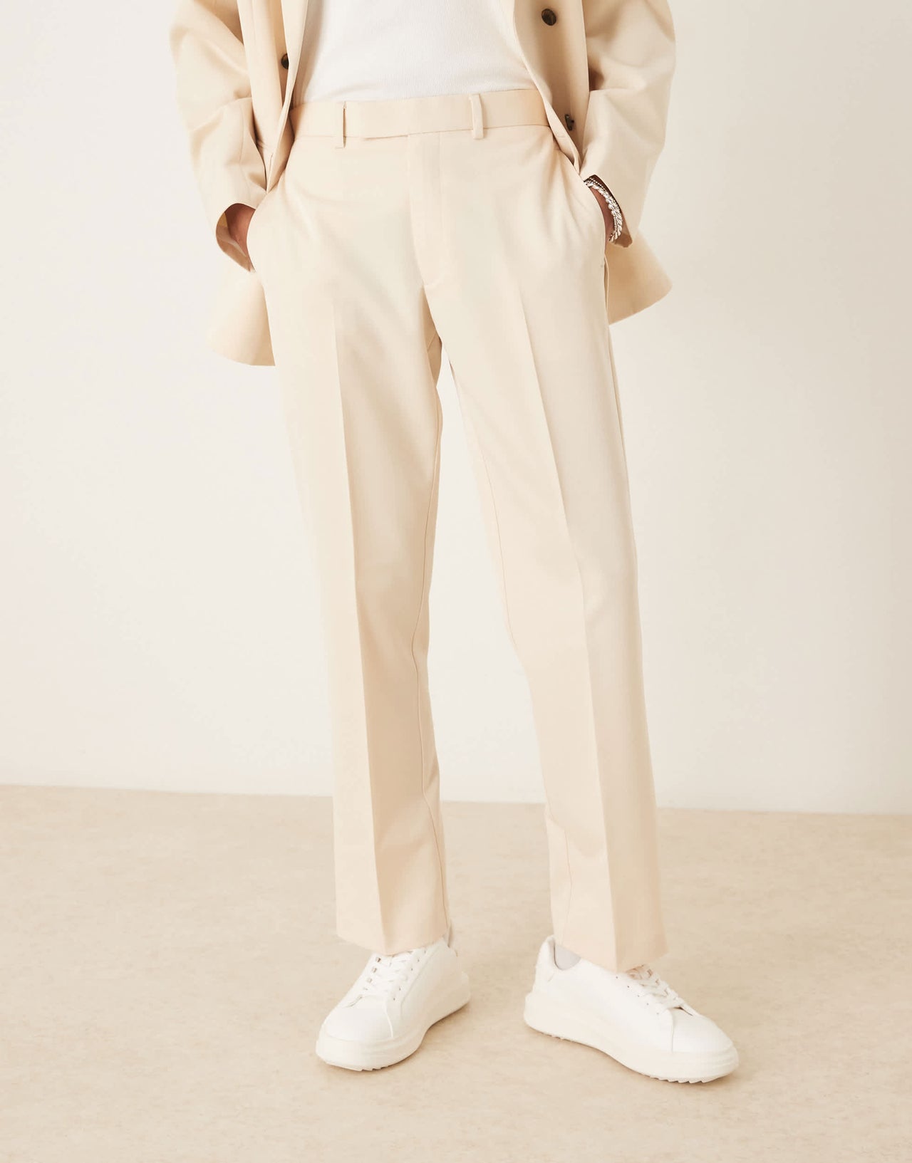 ASOS DESIGN straight leg suit trousers with cotton in ecru