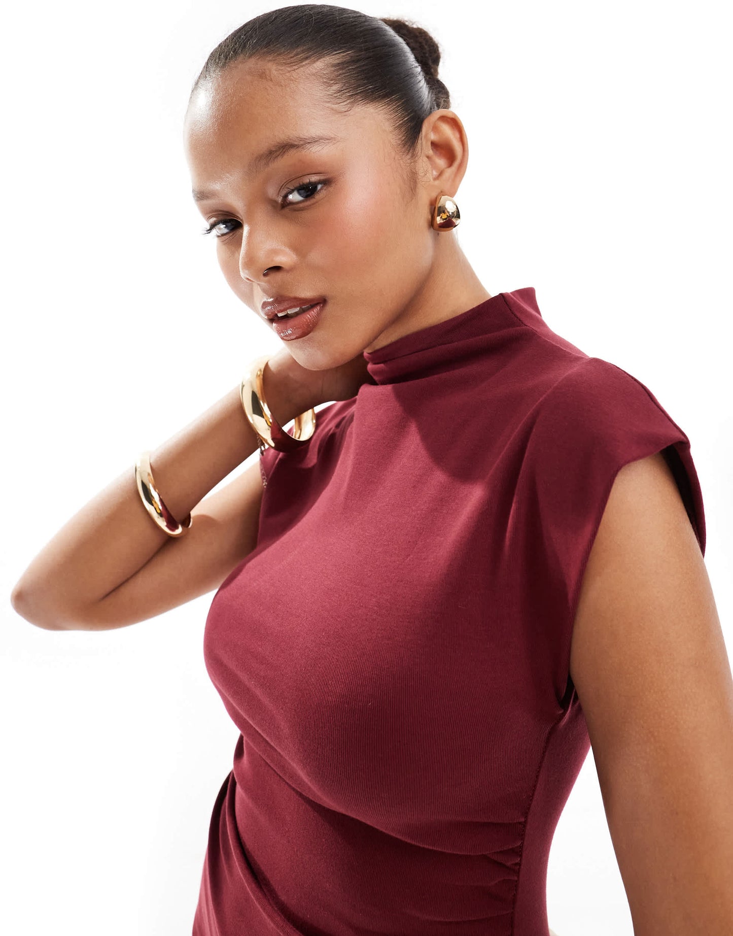 Stradivarius sculpt cap sleeve mini dress in burgundy