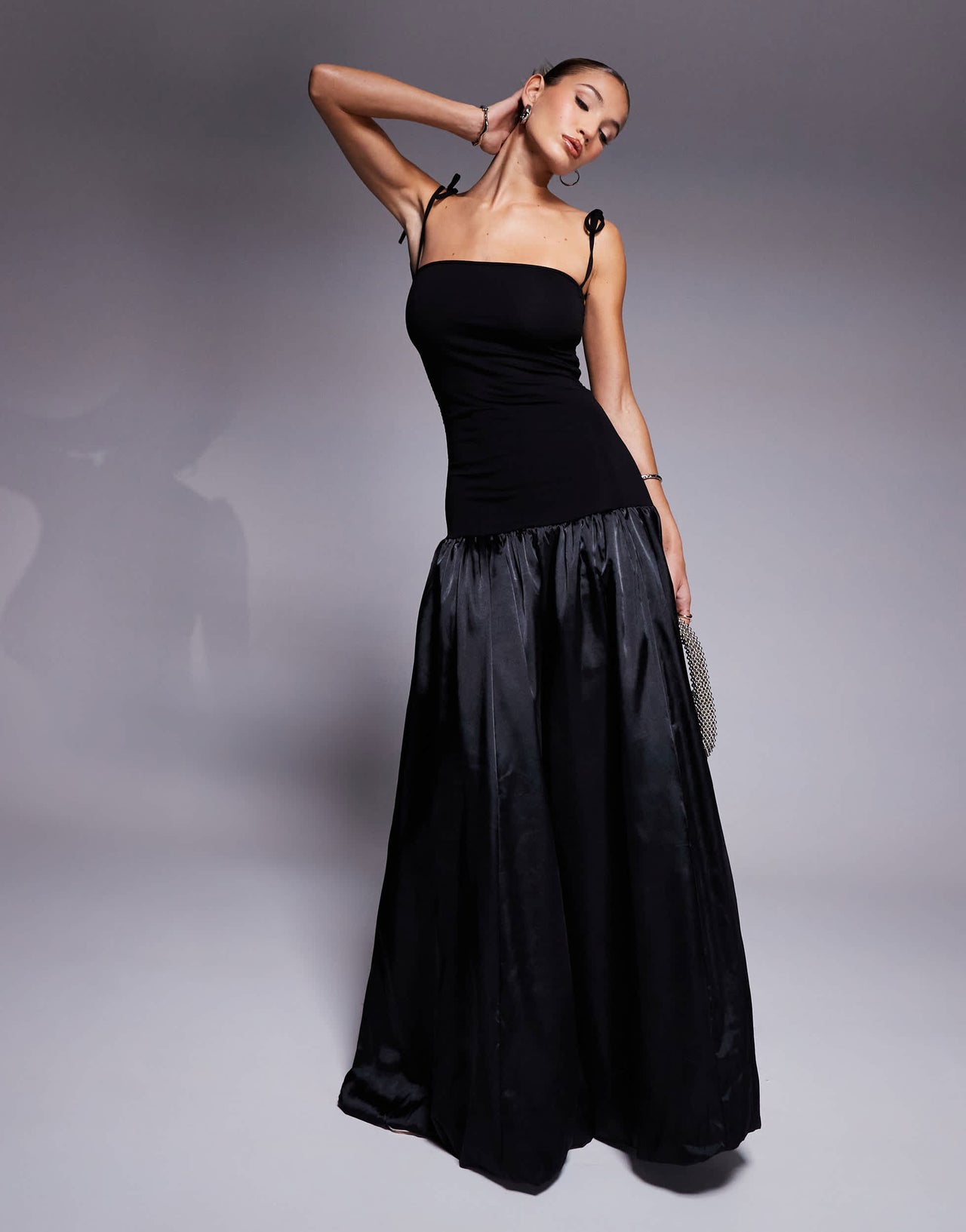 Amy Lynn Alexa satin shoulder tie maxi dress in black