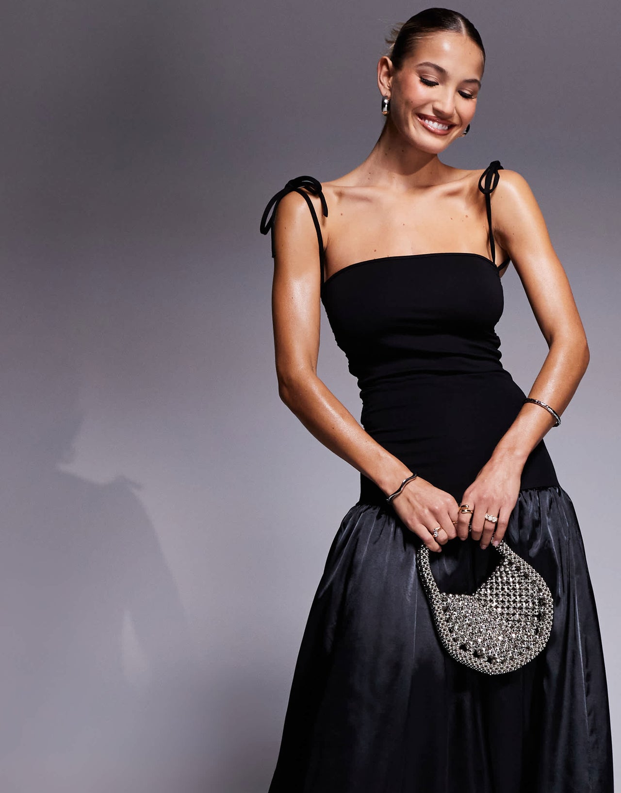 Amy Lynn Alexa satin shoulder tie maxi dress in black