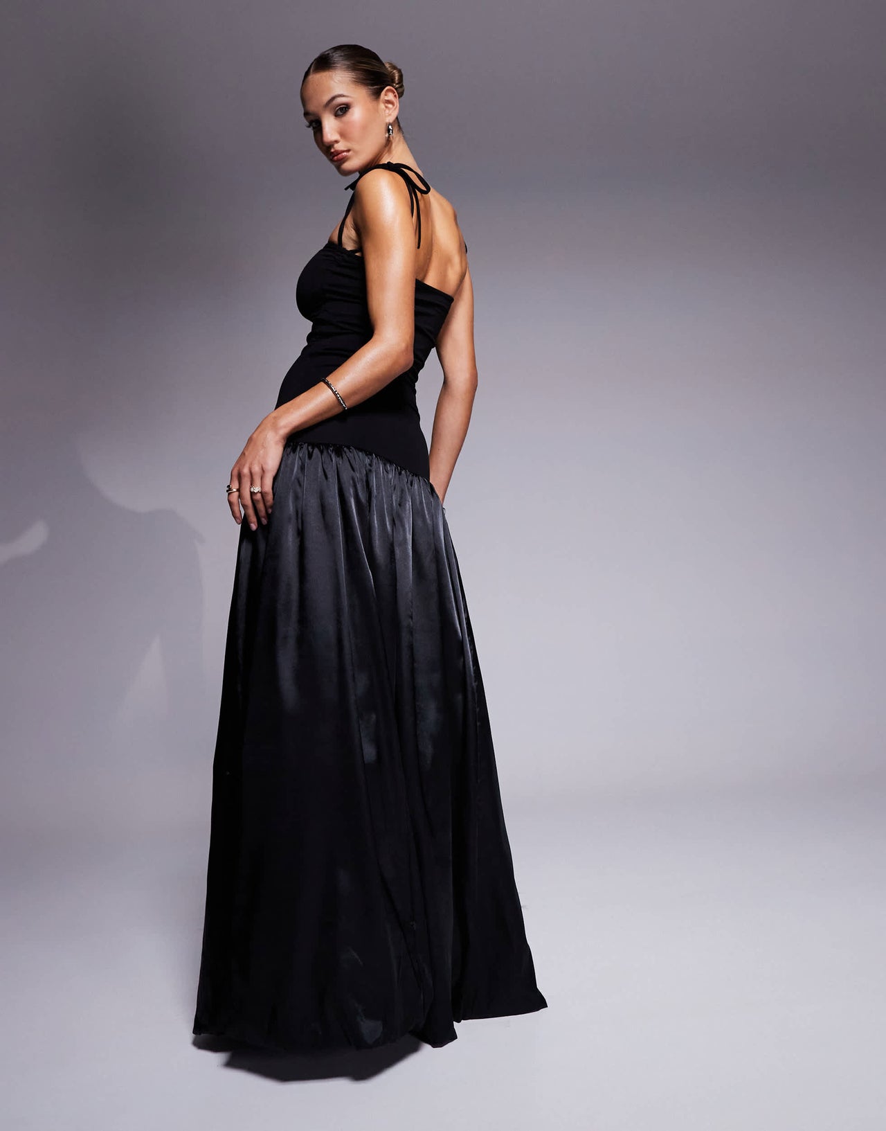 Amy Lynn Alexa satin shoulder tie maxi dress in black
