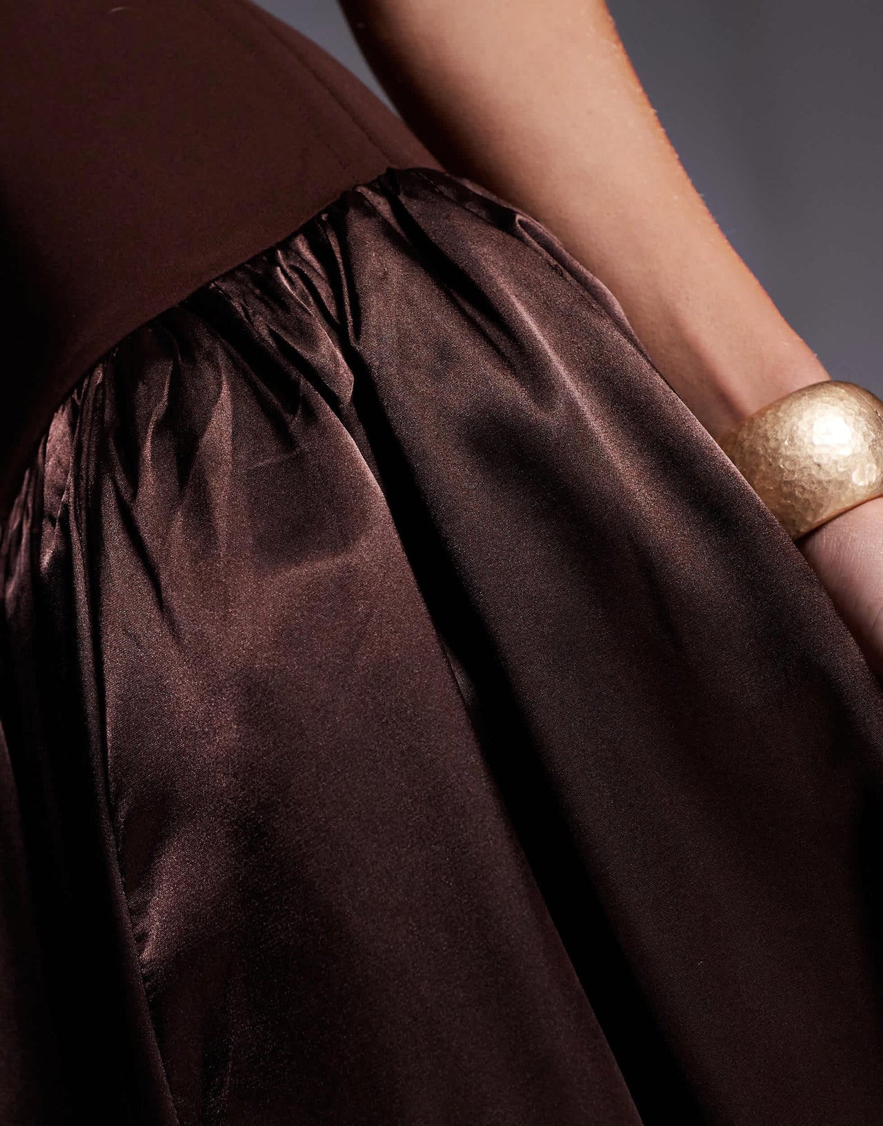 Amy Lynn Alexa tie shoulder satin puffball midi dress in chocolate