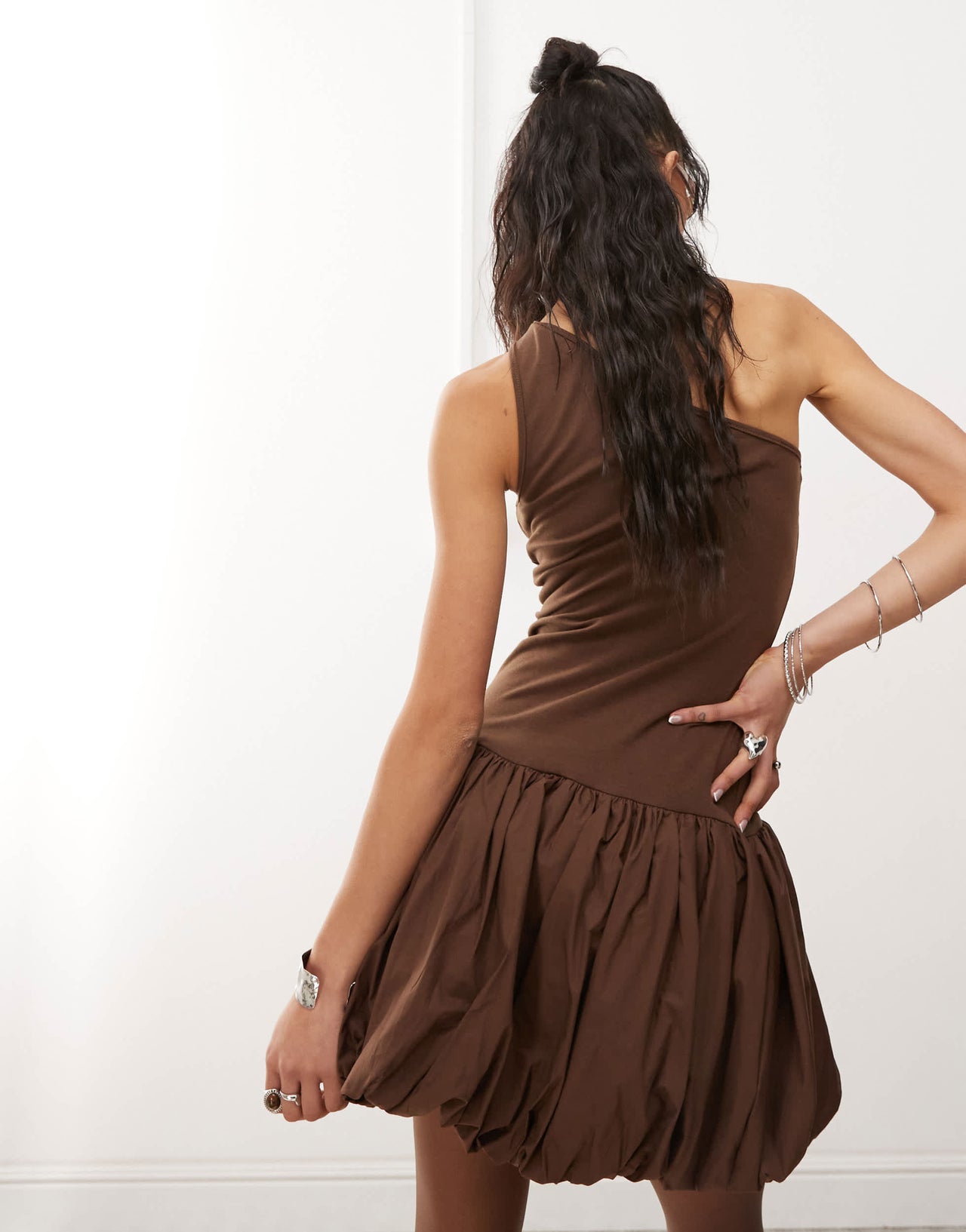 Amy Lynn Alexa one shoulder mini dress in chocolate