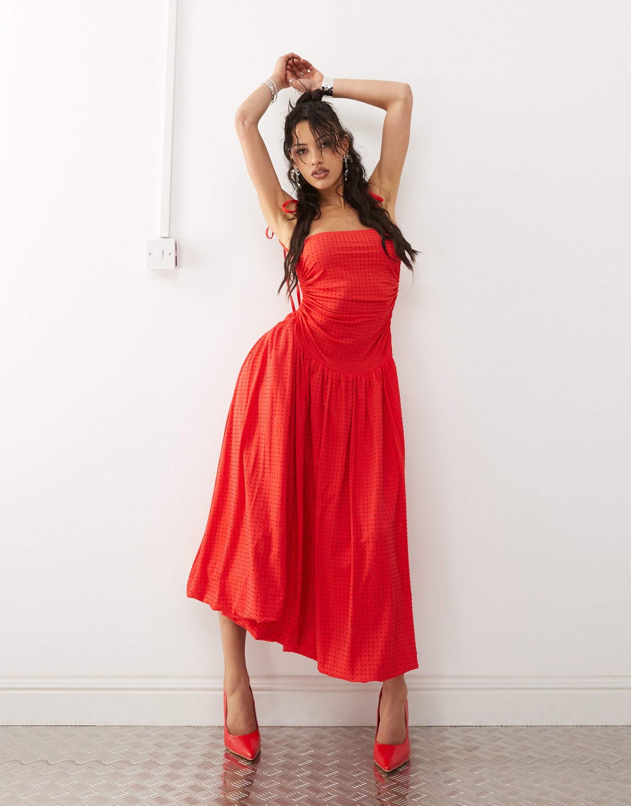 Amy Lynn Alexa puffball midi dress with allover hotfix in cherry red