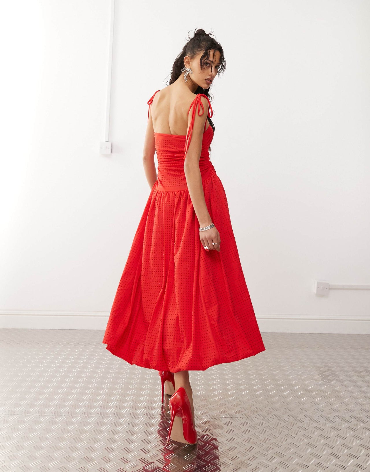 Amy Lynn Alexa puffball midi dress with allover hotfix in cherry red