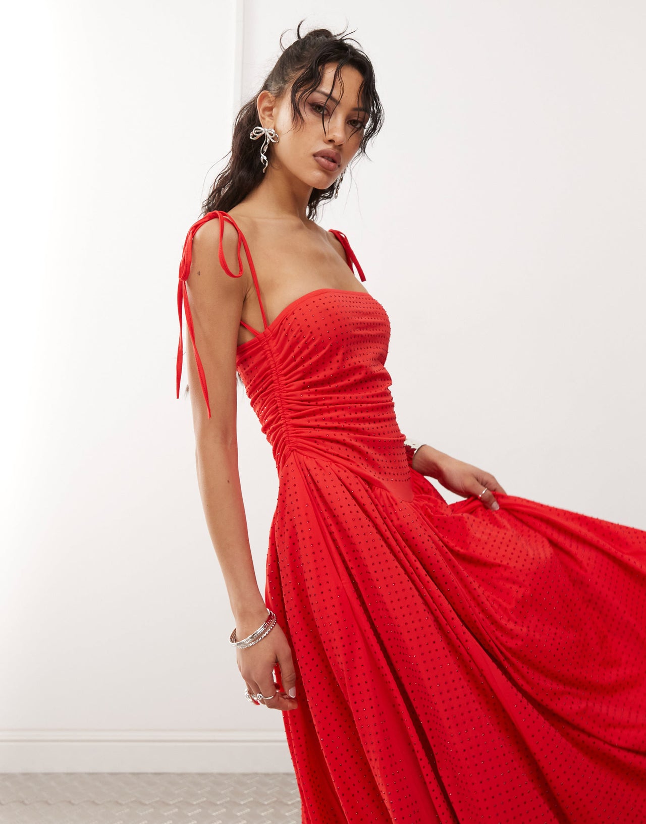 Amy Lynn Alexa puffball midi dress with allover hotfix in cherry red