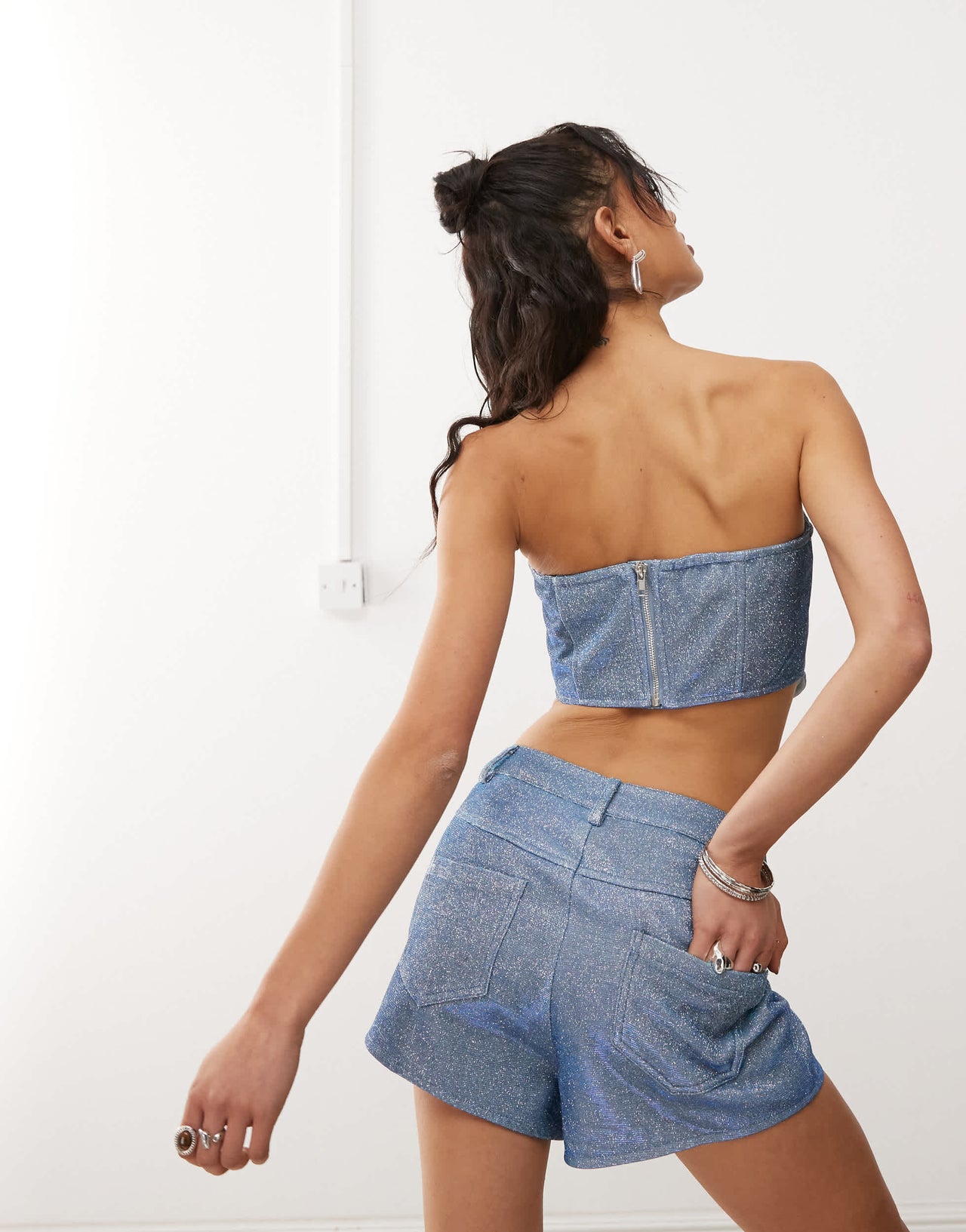Amy Lynn high shine metallic high waisted hotpants co-ord in blue