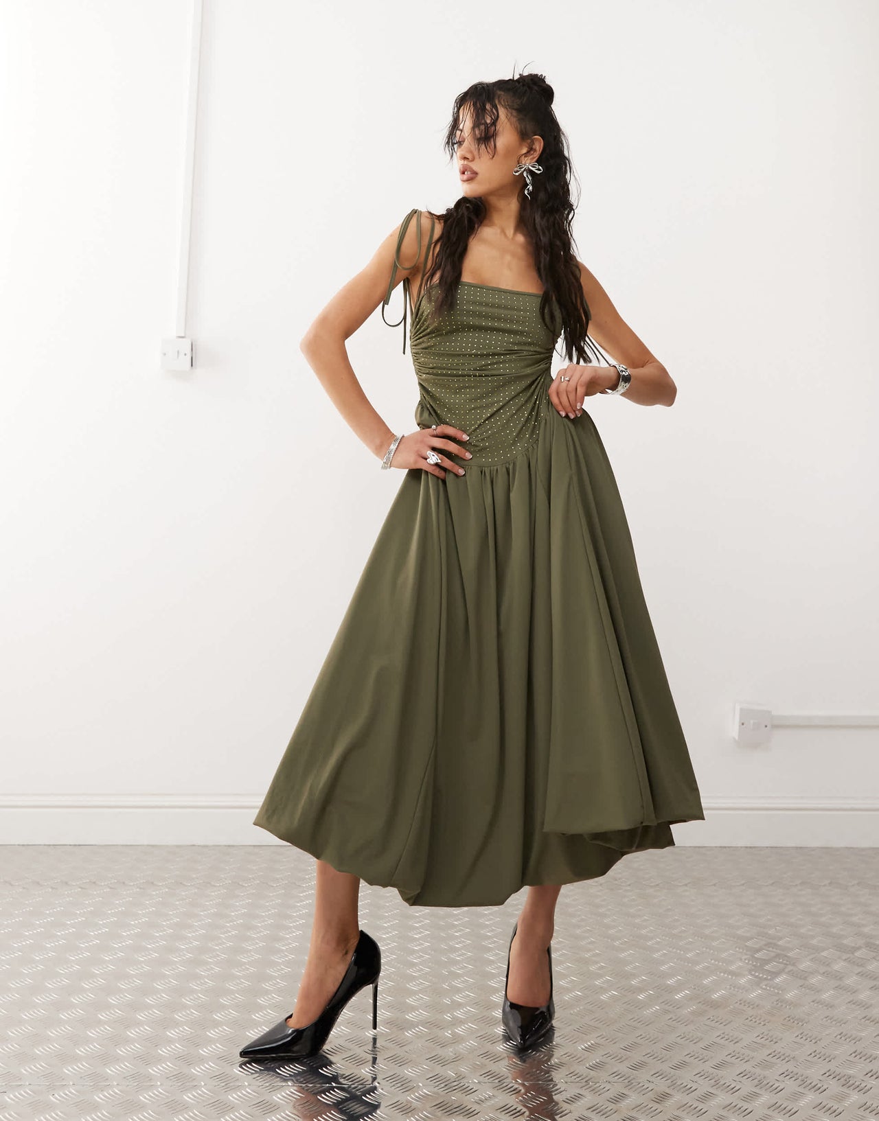 Amy Lynn Alexa puffball midi dress with hotfix bodice in khaki