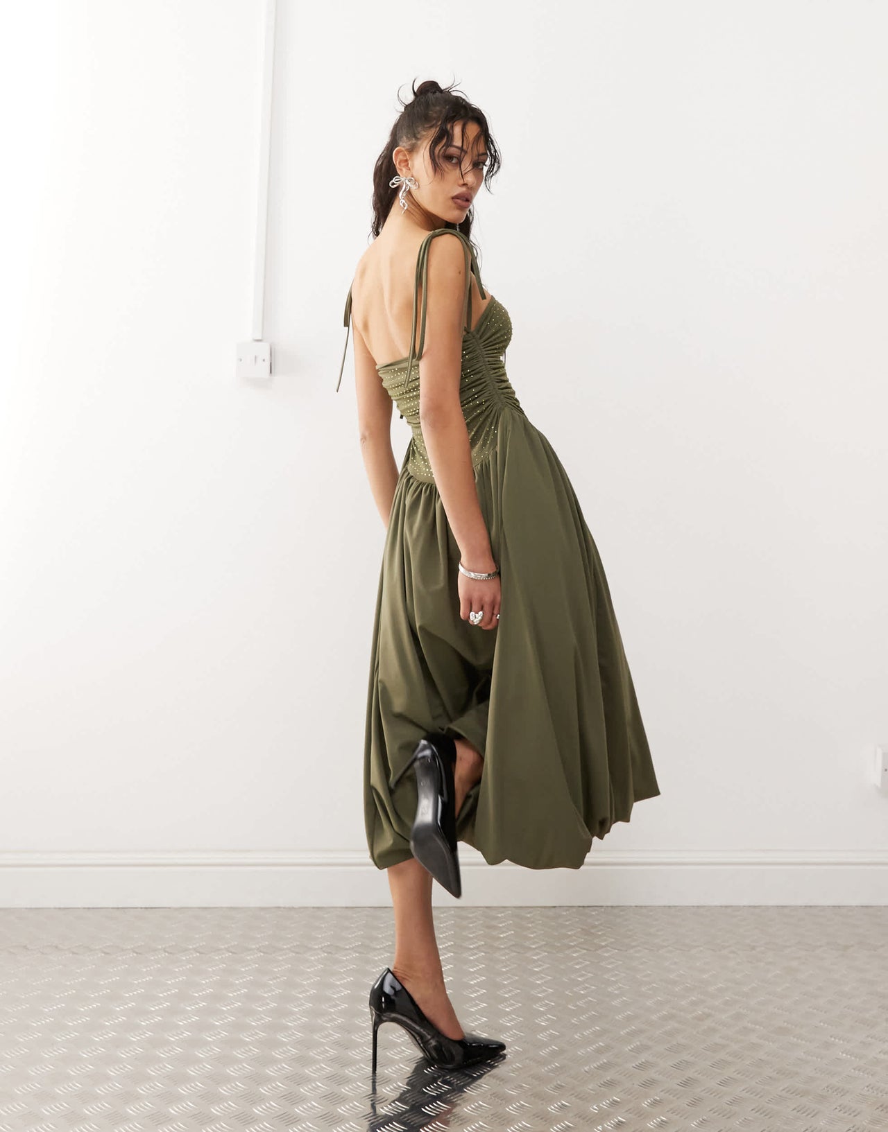 Amy Lynn Alexa puffball midi dress with hotfix bodice in khaki