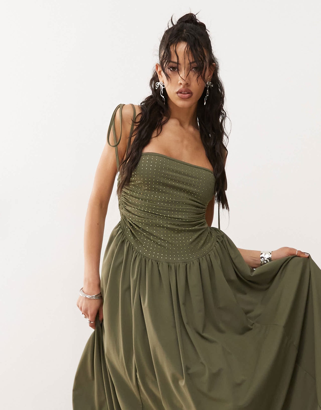 Amy Lynn Alexa puffball midi dress with hotfix bodice in khaki