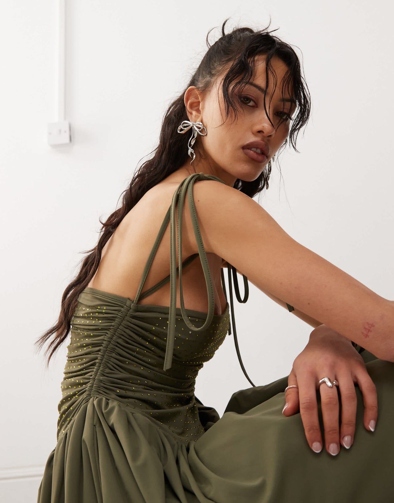 Amy Lynn Alexa puffball midi dress with hotfix bodice in khaki