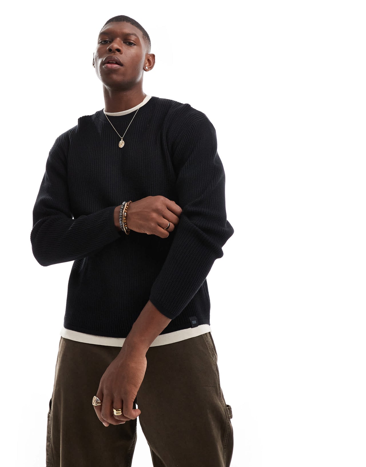 Pull&Bear ribbed knitted jumper in black