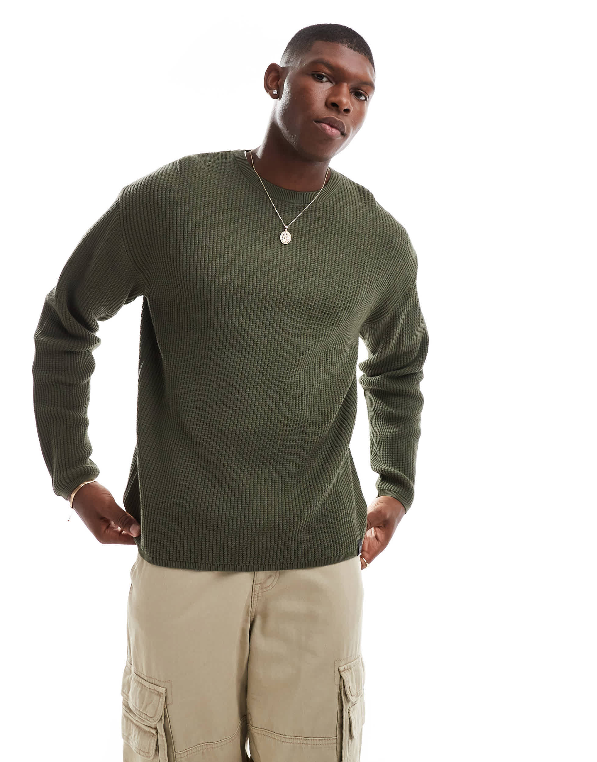 Pull&Bear ribbed knitted jumper in khaki