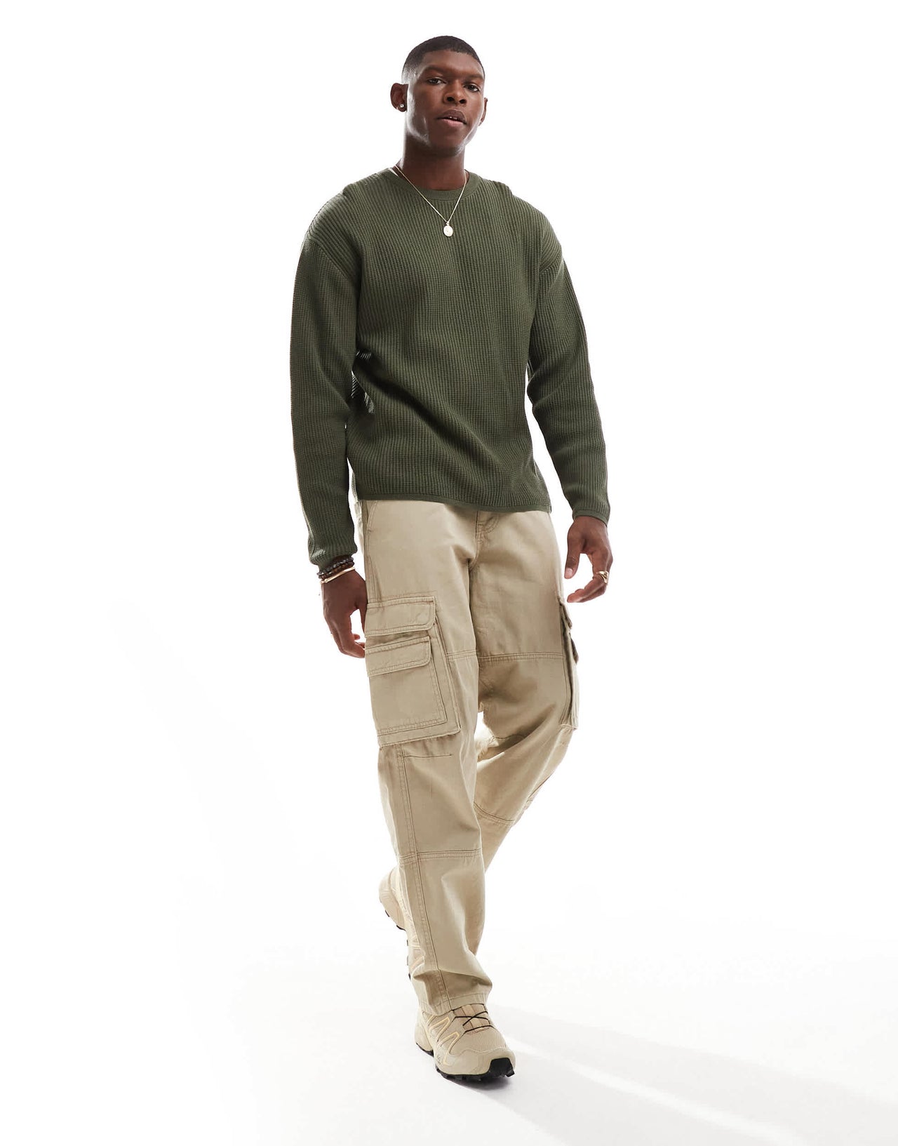 Pull&Bear ribbed knitted jumper in khaki