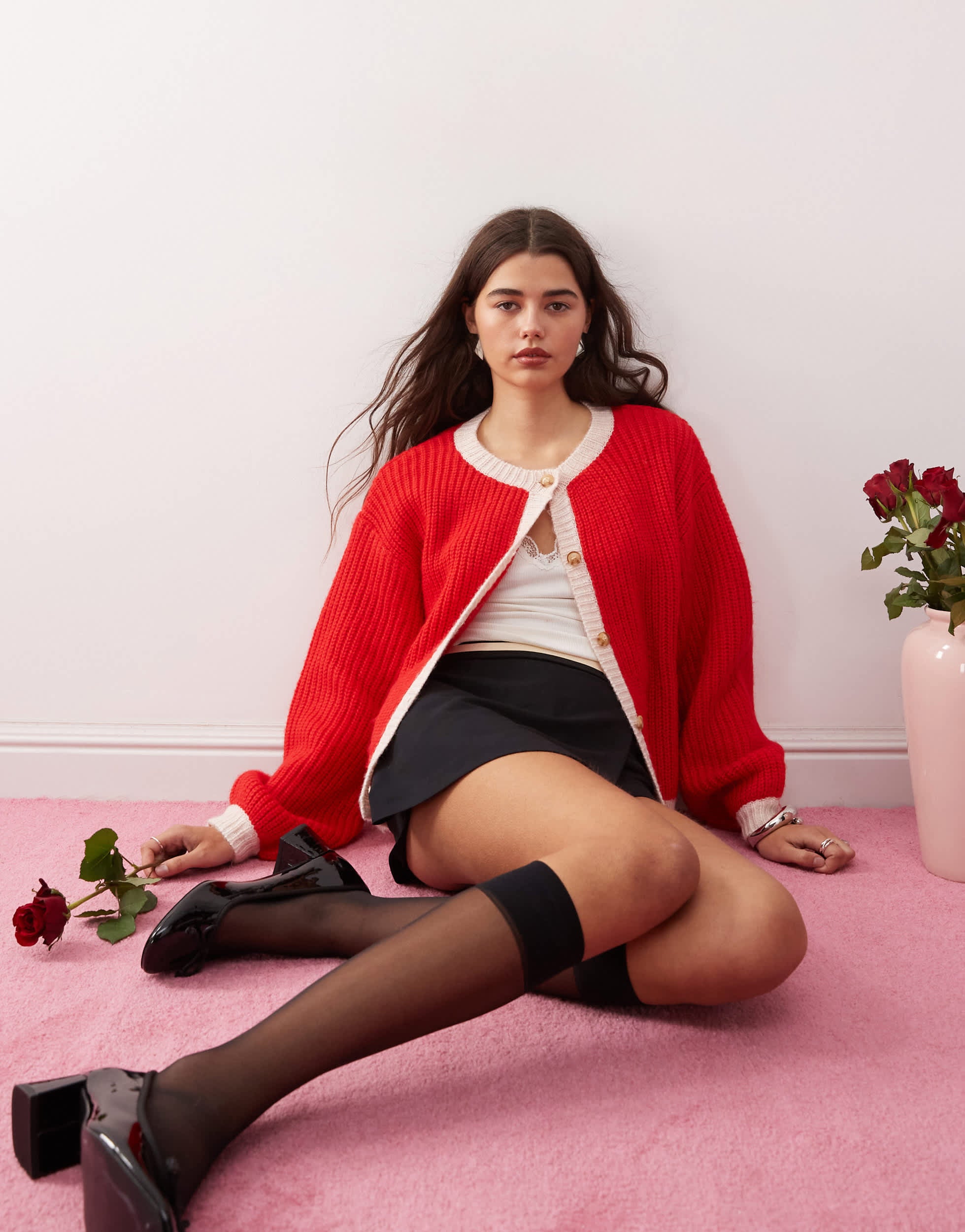 Motel luciana chunky contrast cardigan in red and pink