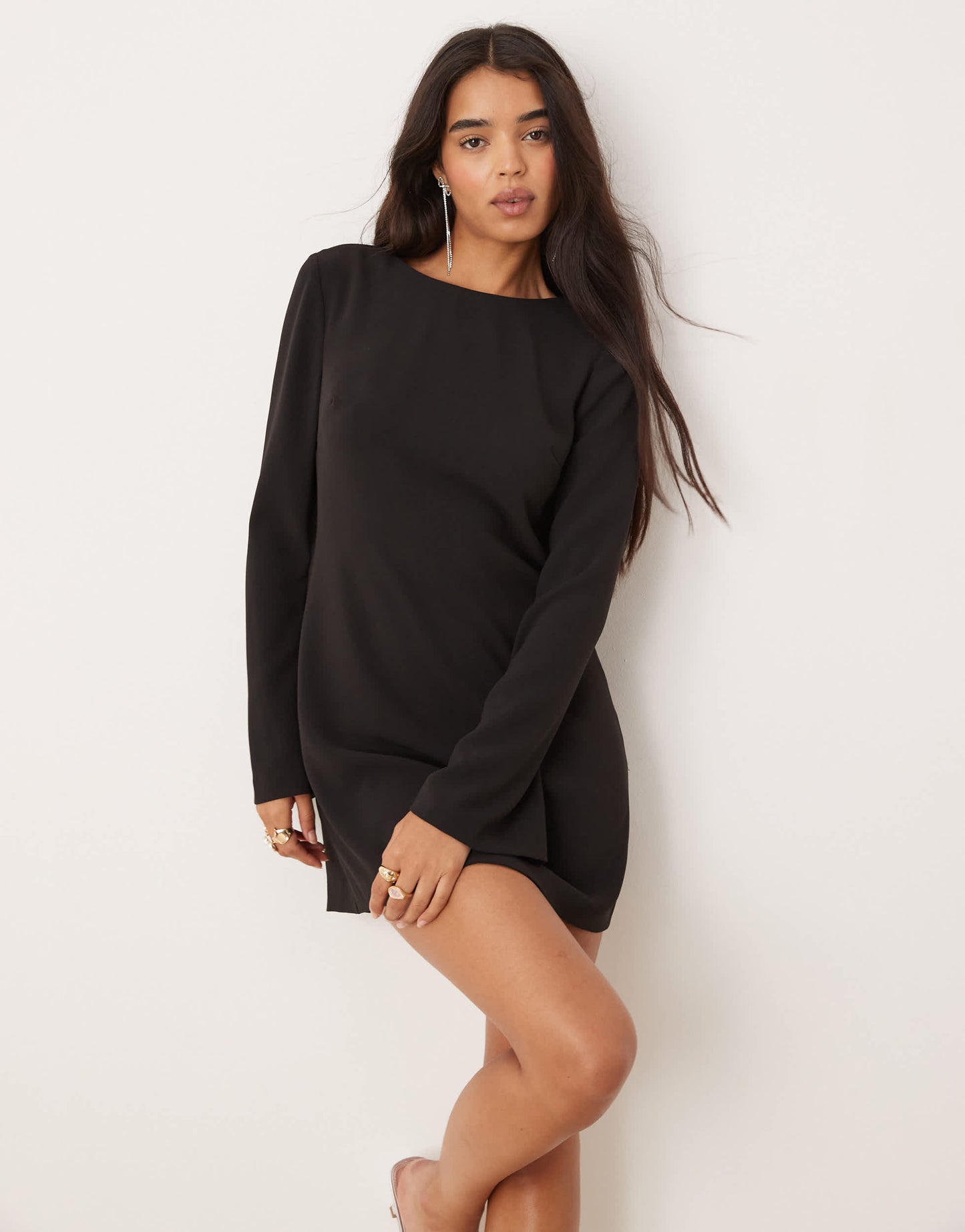 Ever New long sleeve embellished back mini dress in black