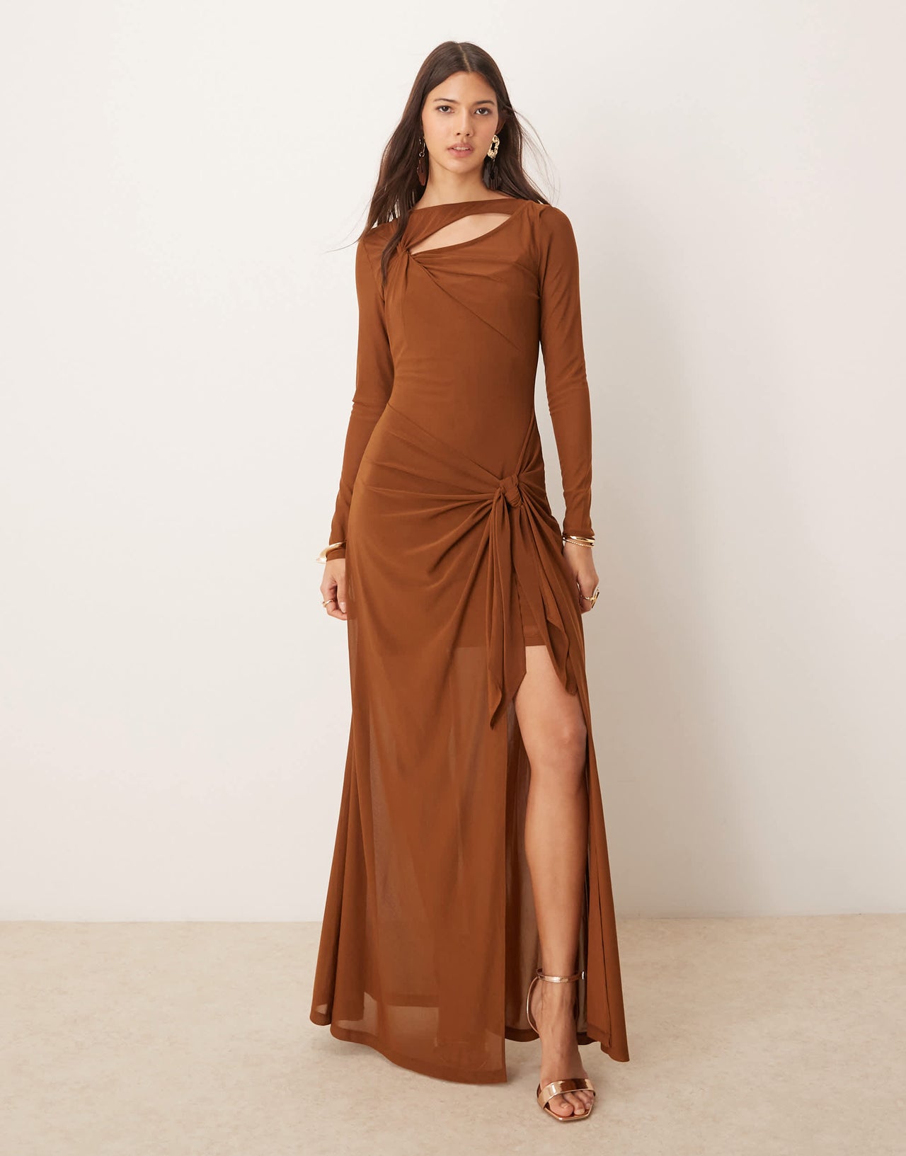 Ever New long sleeve drape maxi dress in brown