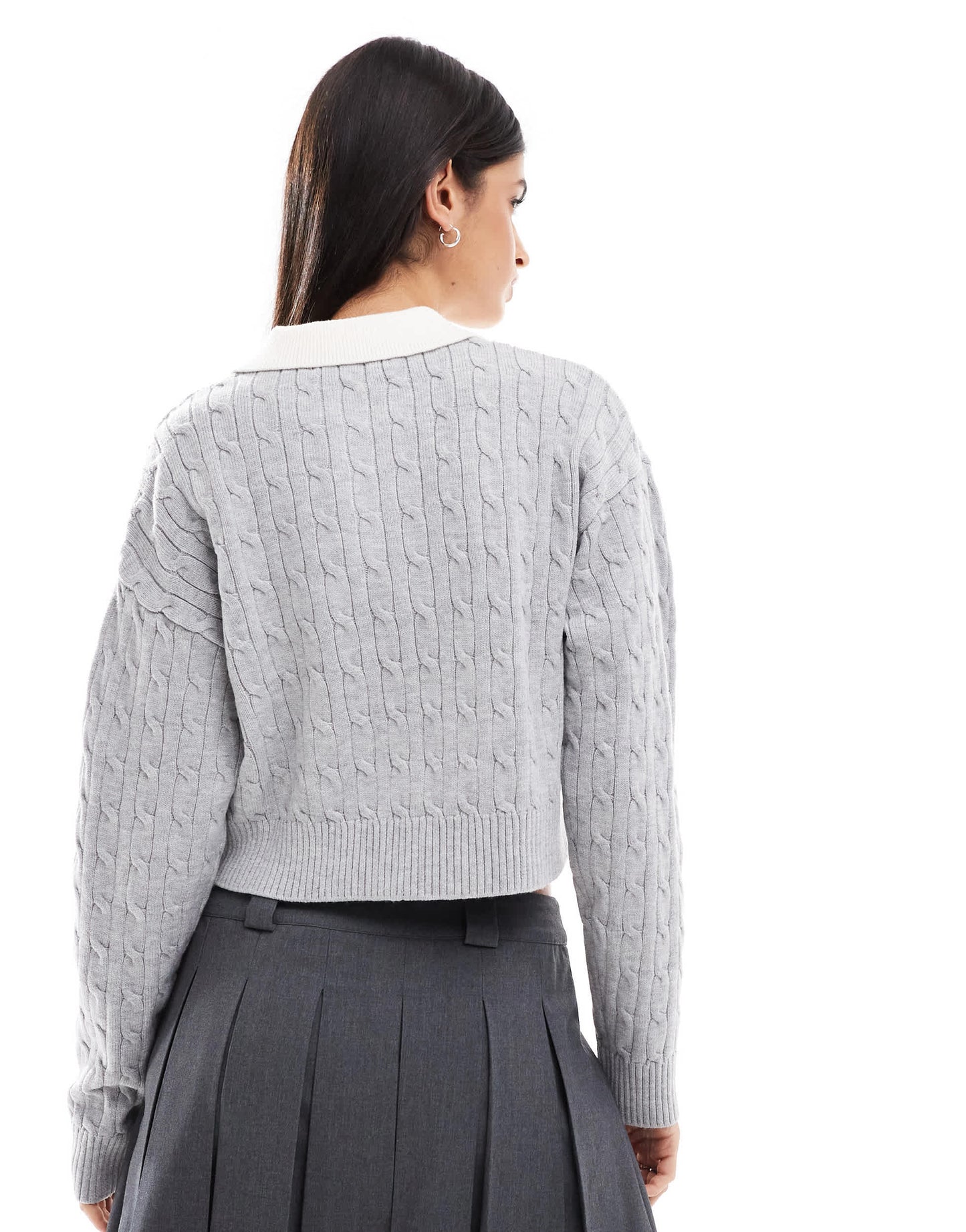 Bershka cable knit contrast collar jumper in grey & ecru