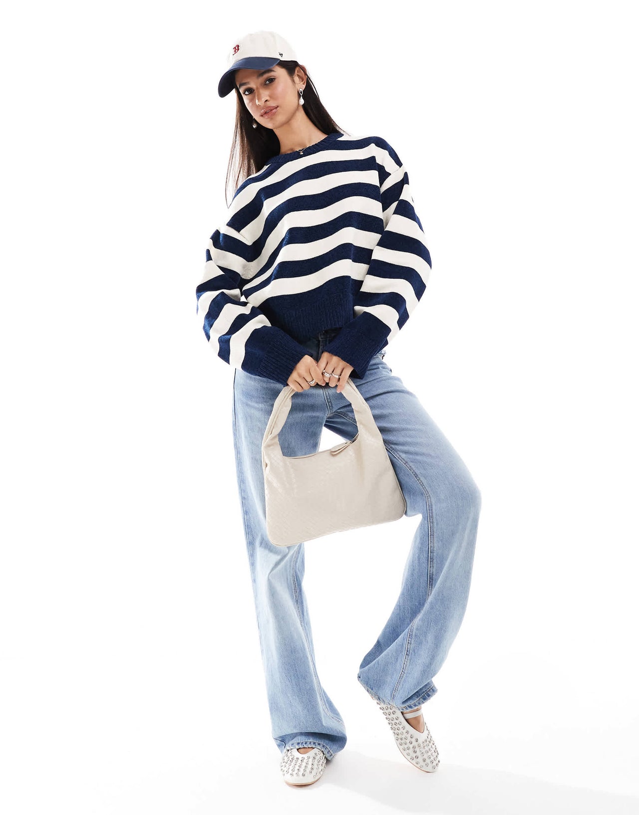 Bershka chunky crew neck jumper in navy & white stripe