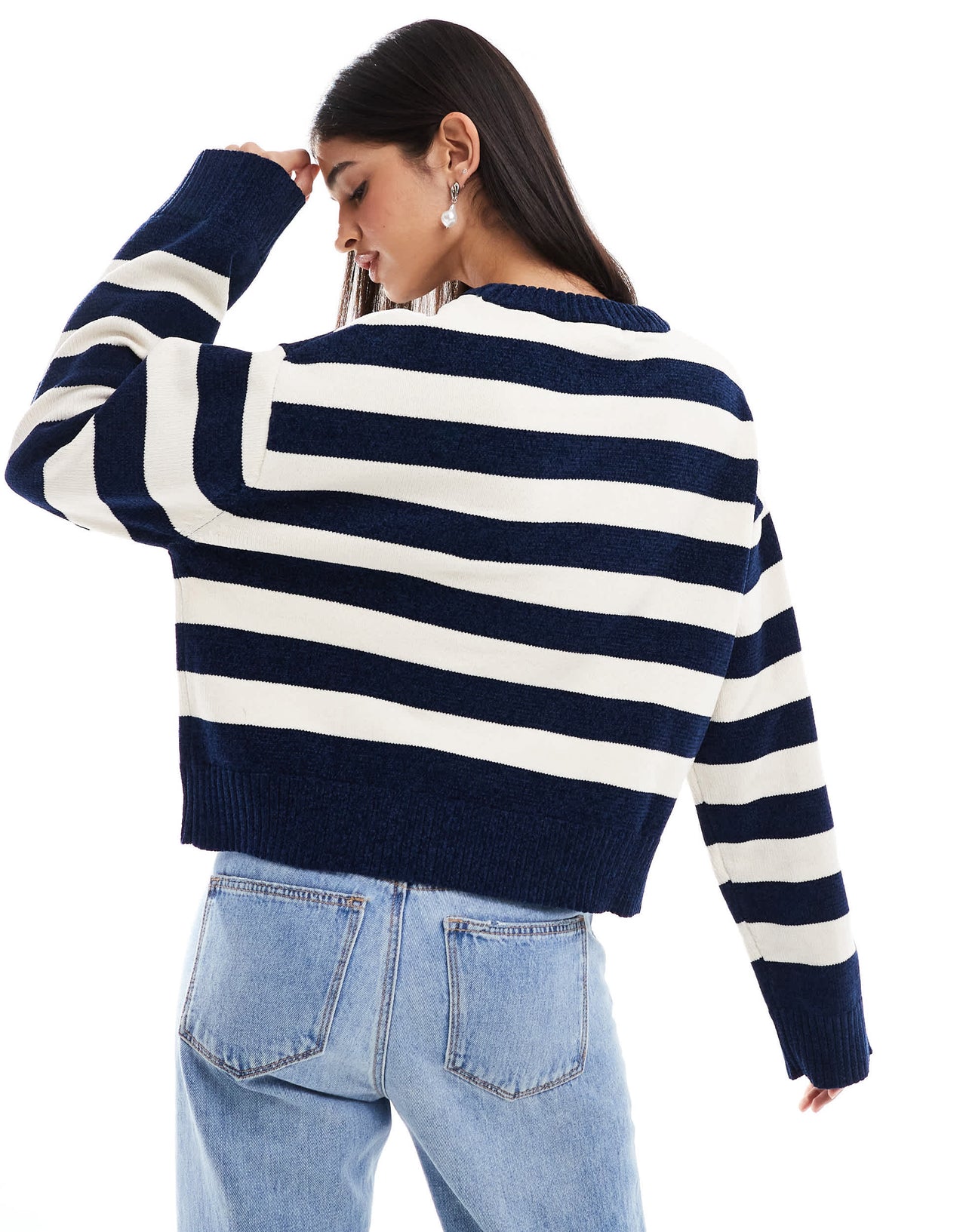 Bershka chunky crew neck jumper in navy & white stripe