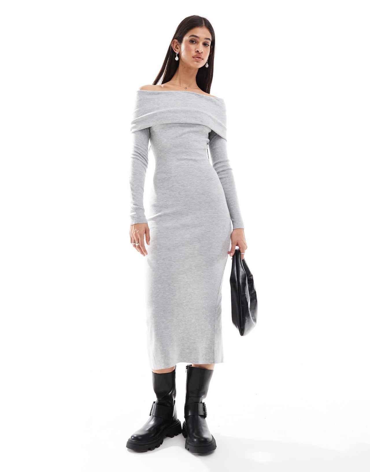Bershka knit bardot midi dress in grey
