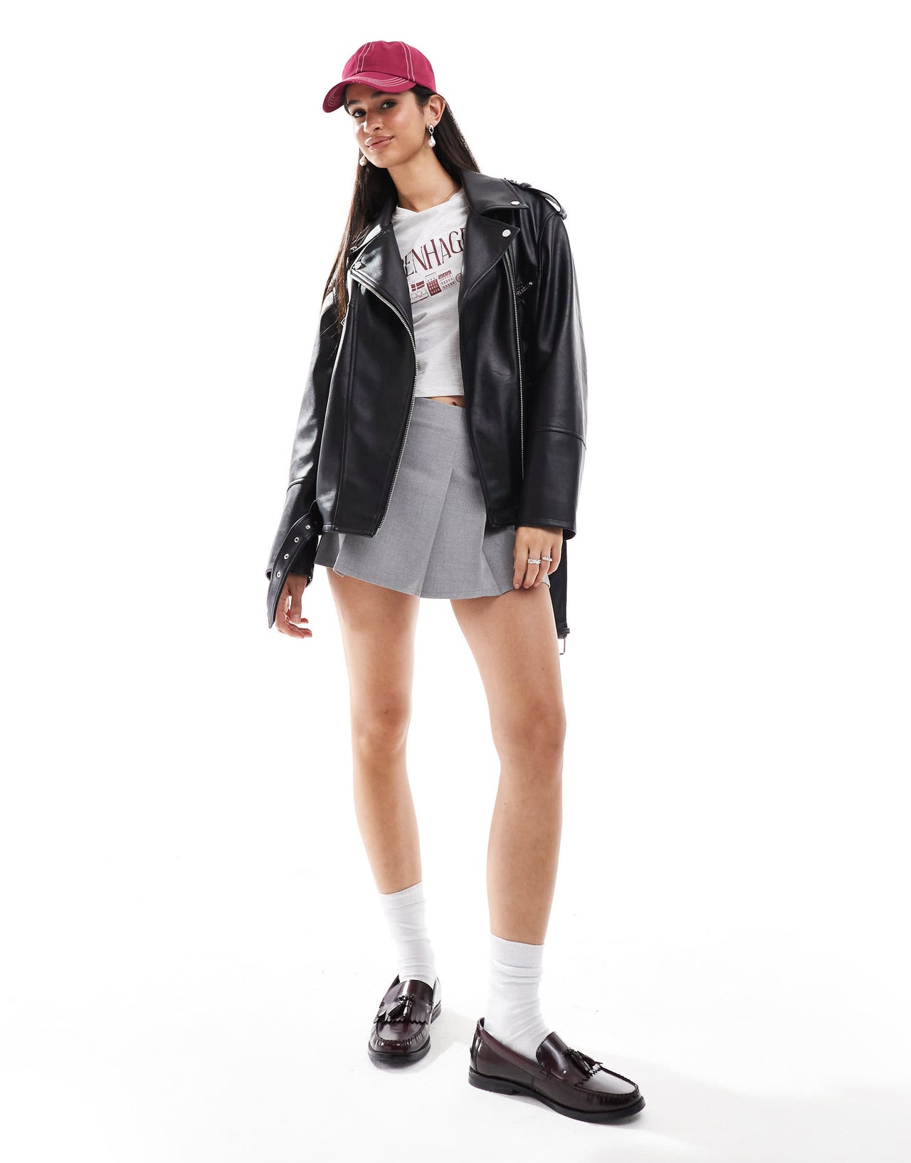 Bershka oversized faux leather biker jacket in black