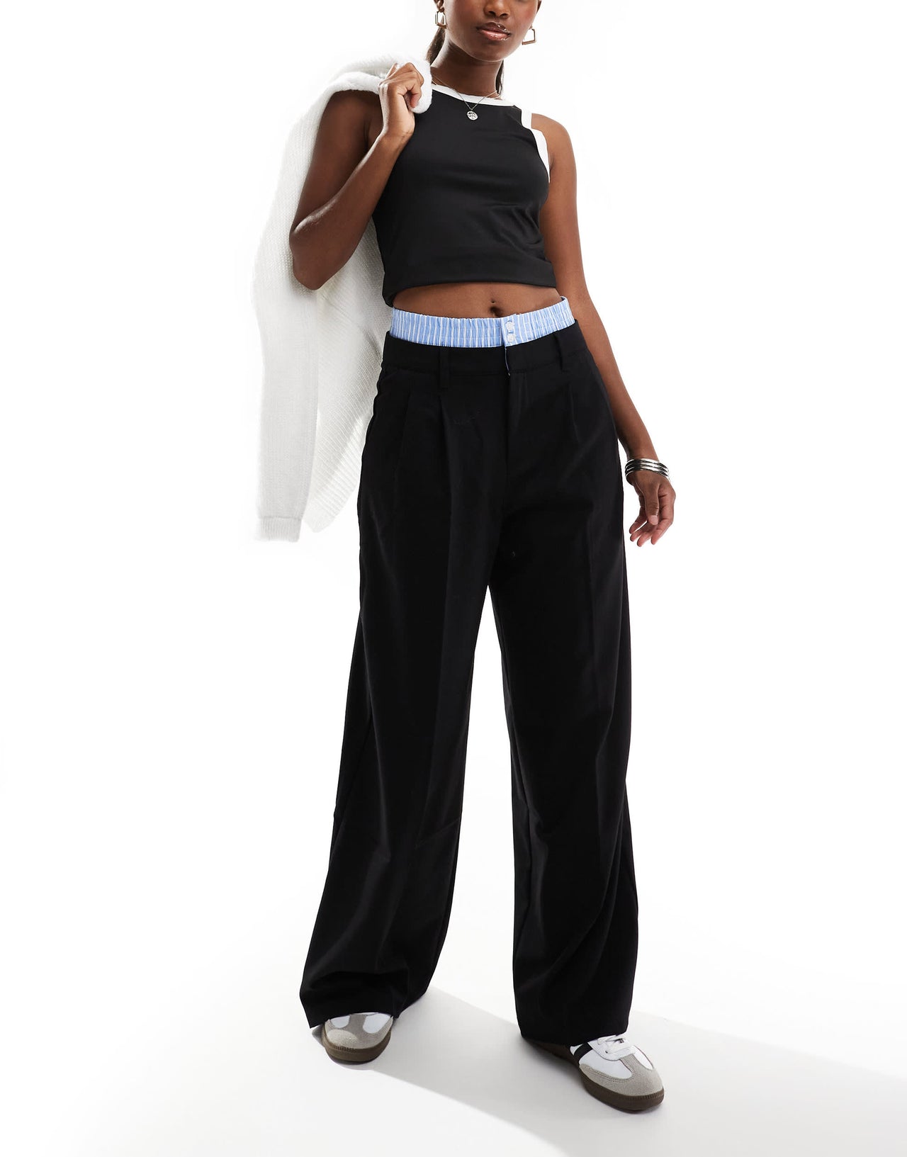 Bershka striped waistband wide leg tailored trousers in black & blue