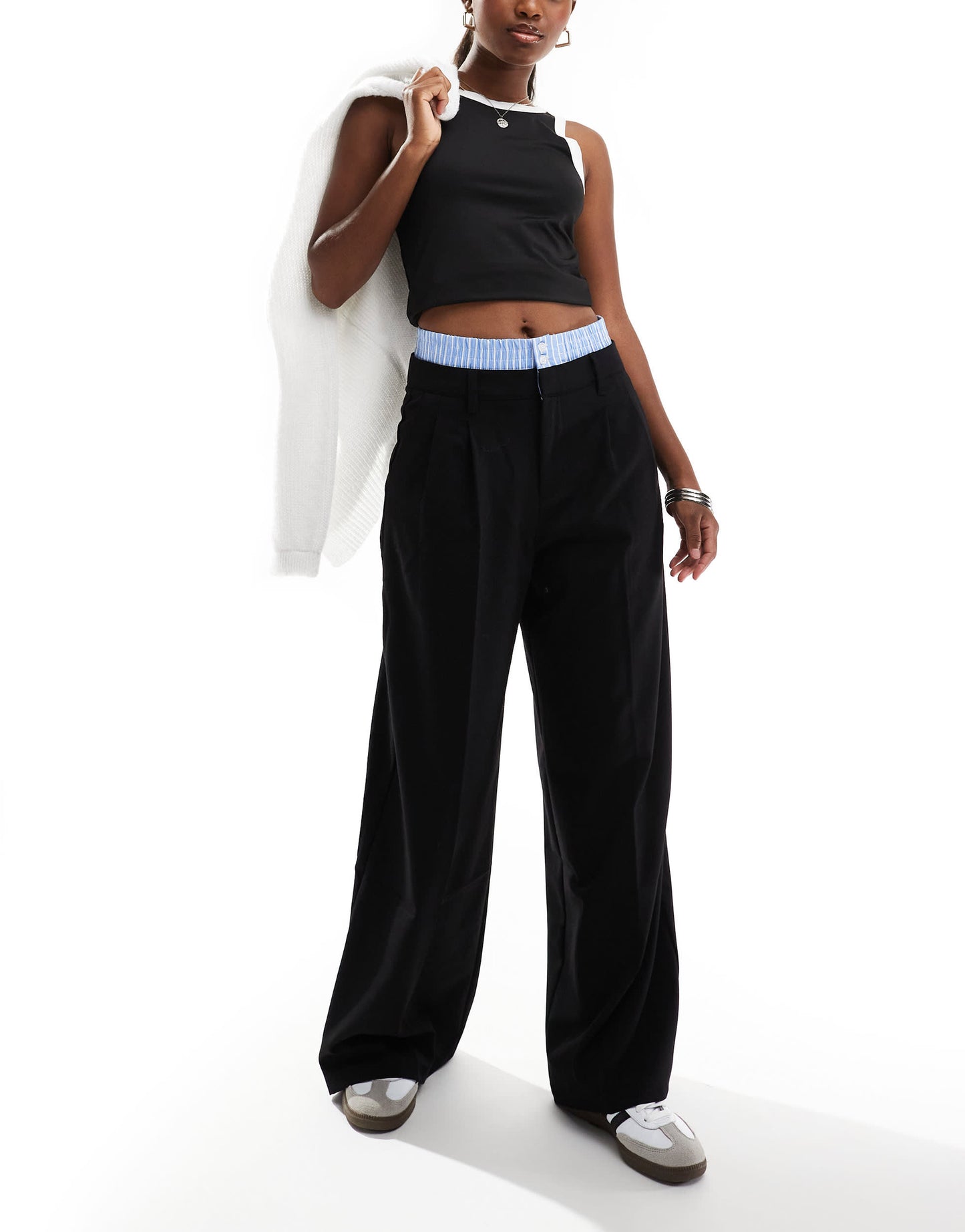 Bershka striped waistband wide leg tailored trousers in black & blue