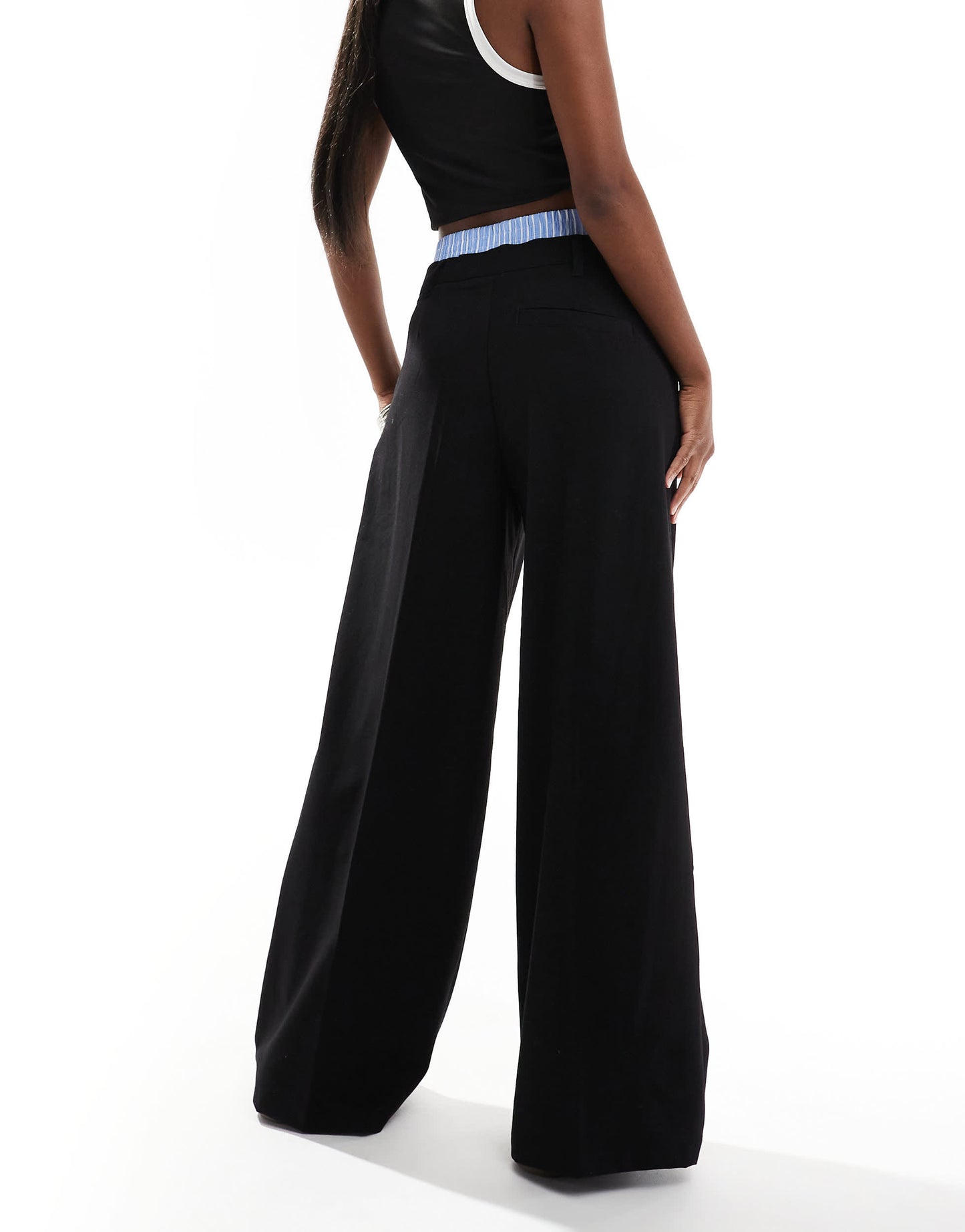 Bershka striped waistband wide leg tailored trousers in black & blue