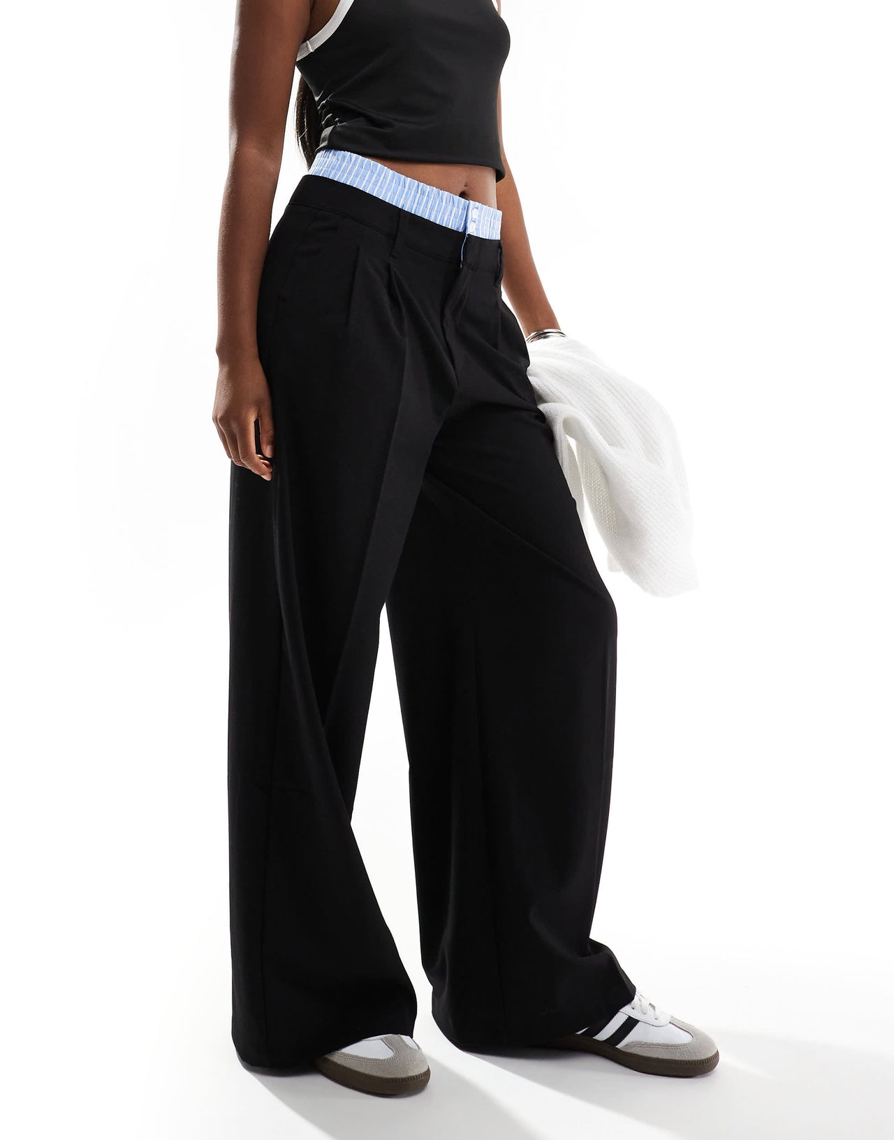 Bershka striped waistband wide leg tailored trousers in black & blue