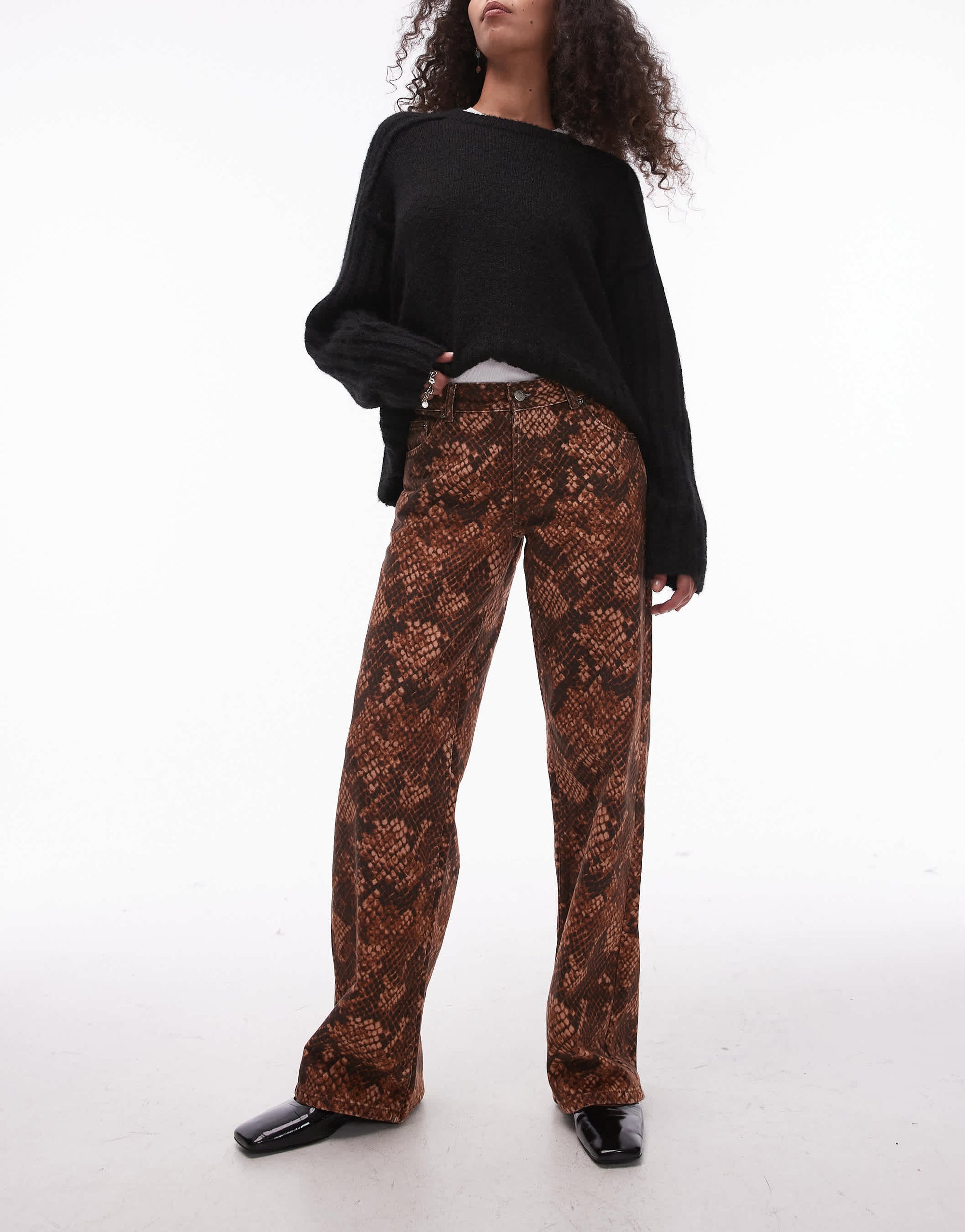Topshop Ember low rise straight leg jean in brown snake print