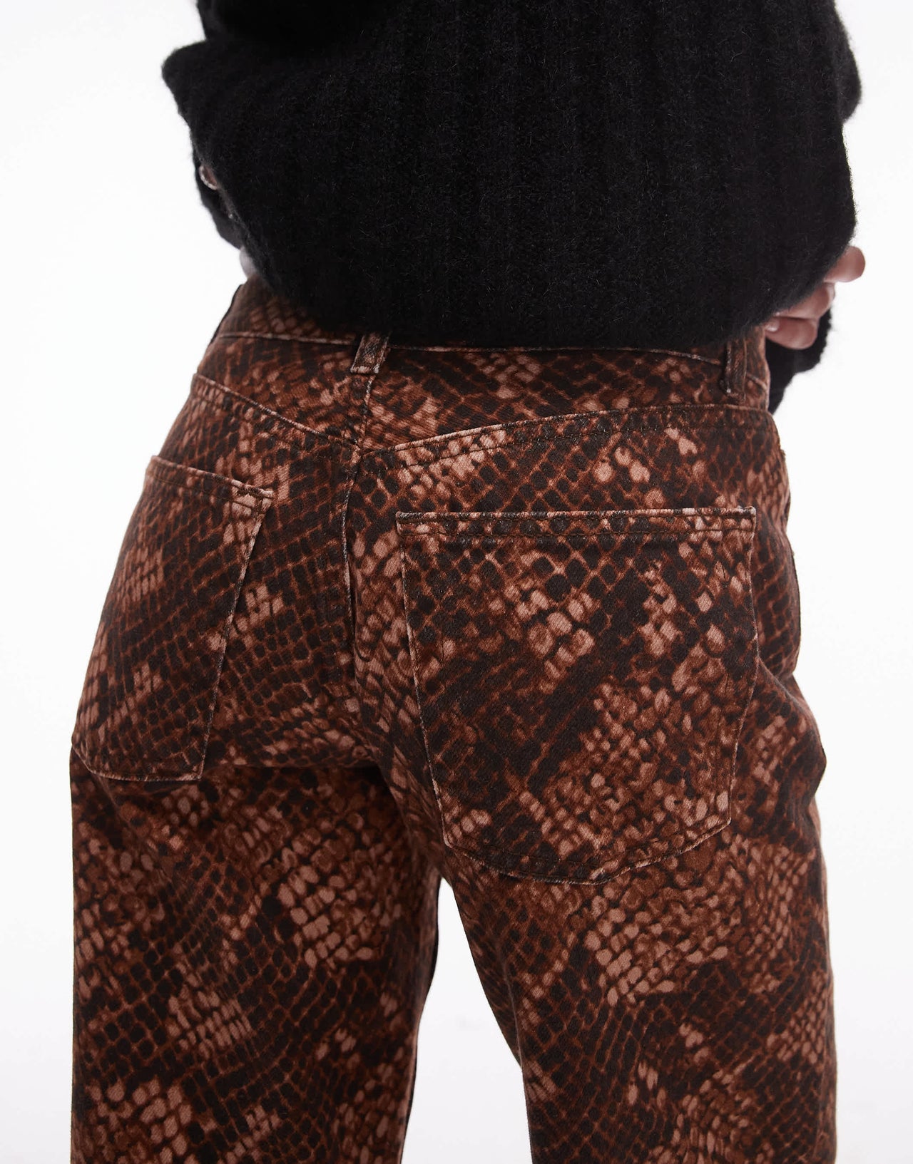 Topshop Ember low rise straight leg jean in brown snake print