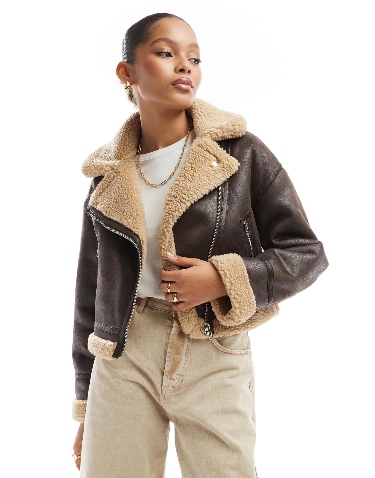 Bershka contrast shearling jacket in brown & ecru