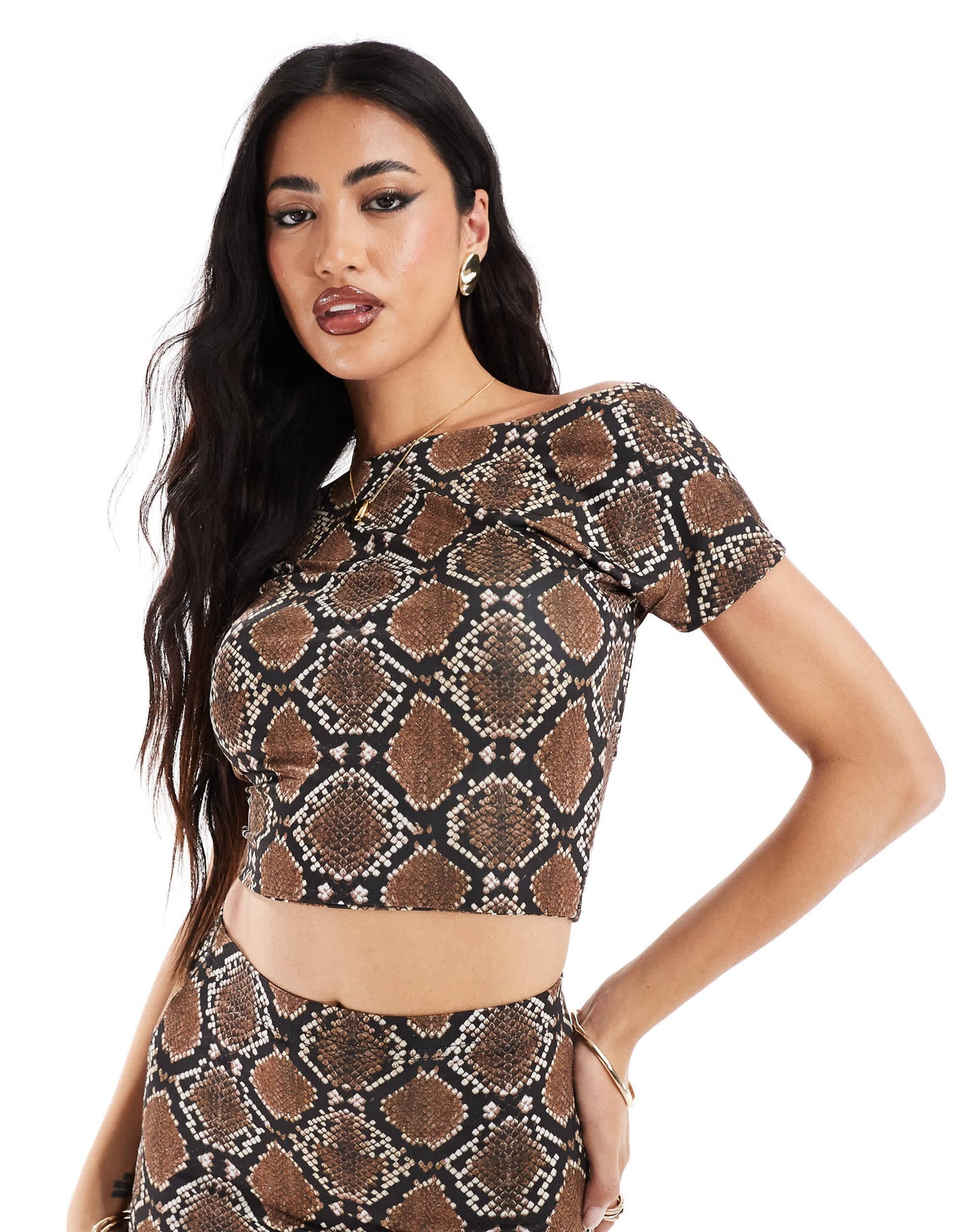 Kaiia exclusive double layered slinky mix & match high neck sleeveless low back top co-ord in snake