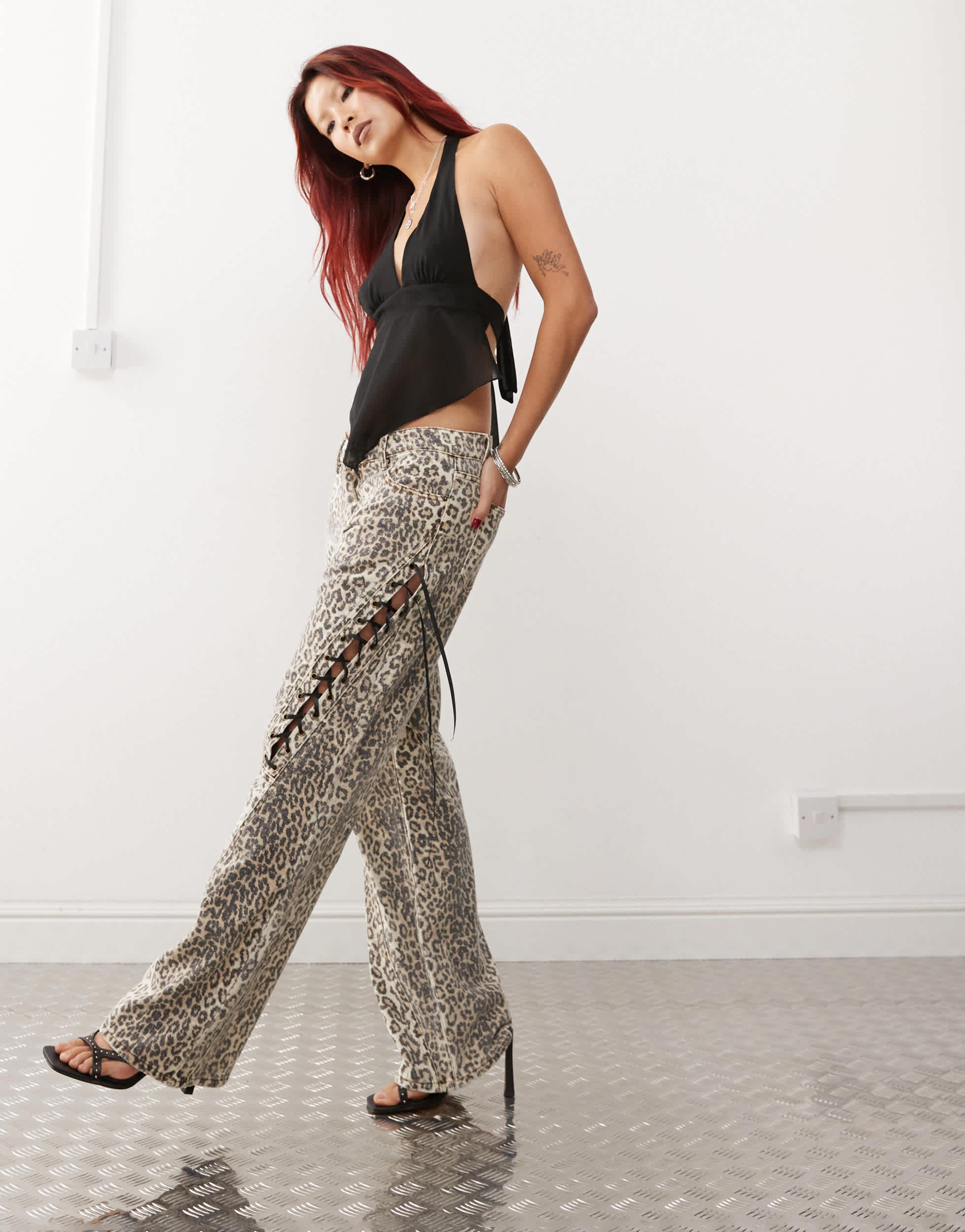 Lioness lace up ribbon jean in faded leopard print